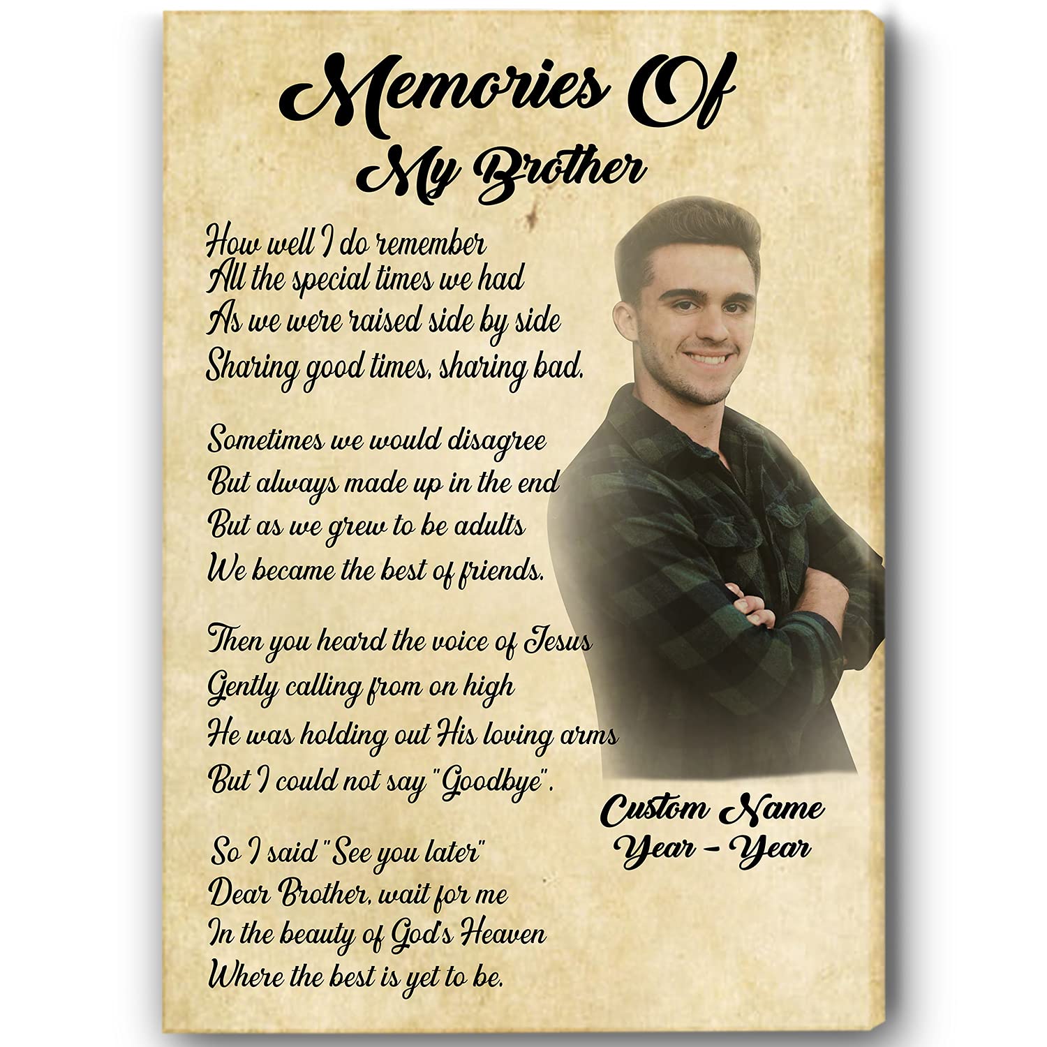 Personalized Memorial Canvas for Brother - Sympathy Gift in Memory of Lost Brother, Bereavement Keepsake, Condolence Present - 12x16 Inch - Perfect for Home Memorial, Funeral Tribute & Grieving Comfort