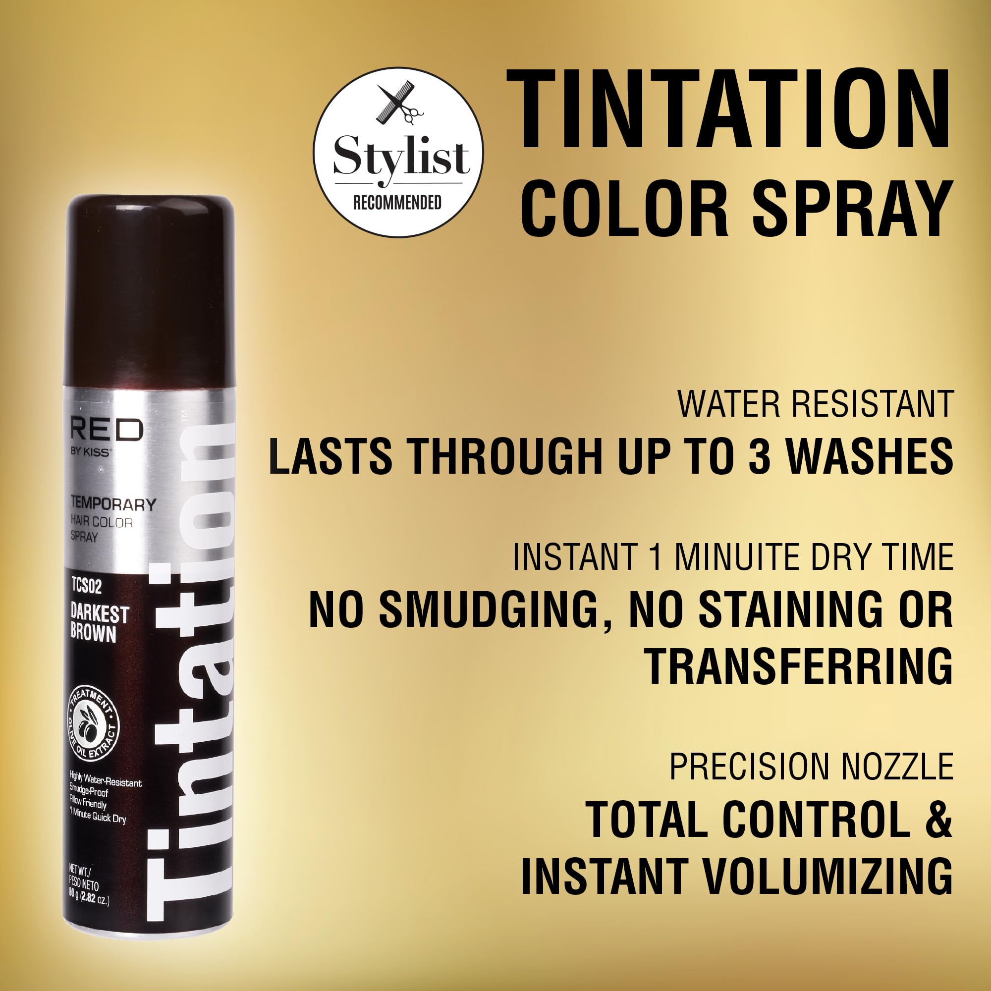 Red by Kiss Tintation Temporary Hair Color Spray - Darkest Brown 2.82oz | Instant Gray Root Touch Up | Water-Resistant & Smudge-Proof | Quick-Dry Formula | Easy Wash Out | Perfect for Barber Styling, Hairline Touch-Ups & Last-Minute Events