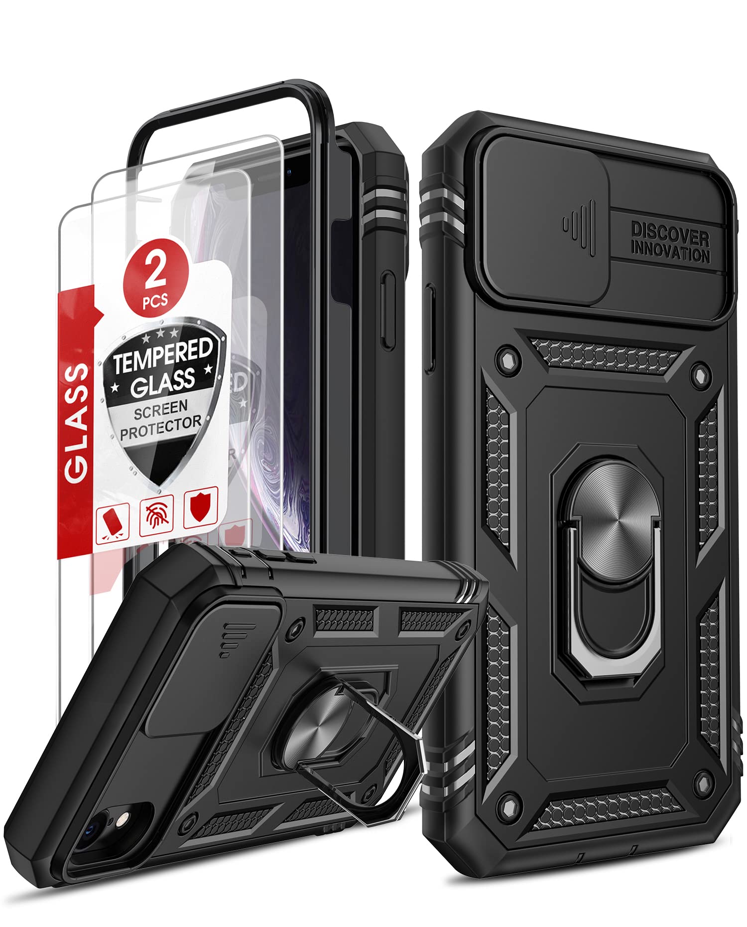 LeYi iPhone XR Case with Slide Camera Cover - Military Grade Full Body Protection + 2 Pack Tempered Glass Screen Protector & Ring Holder - Black | Perfect for Outdoor Activities, Travel and Daily Use