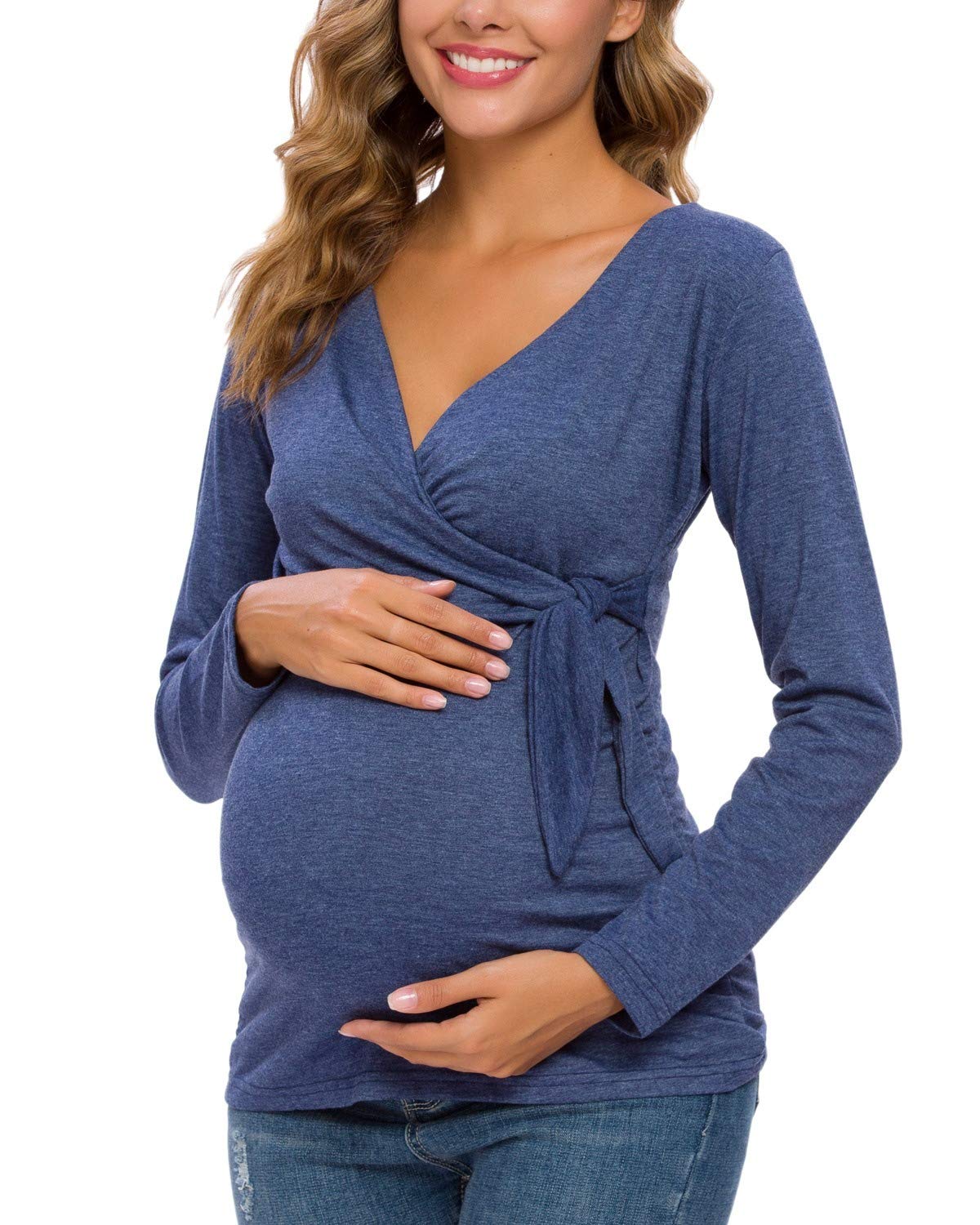 Glampunch Women's Maternity Shirts - Short & Long Sleeve Tie Front Wrap Tops for Pregnancy | Comfortable Nursing & Everyday Wear | Perfect for Work, Casual Outings & Maternity Photos