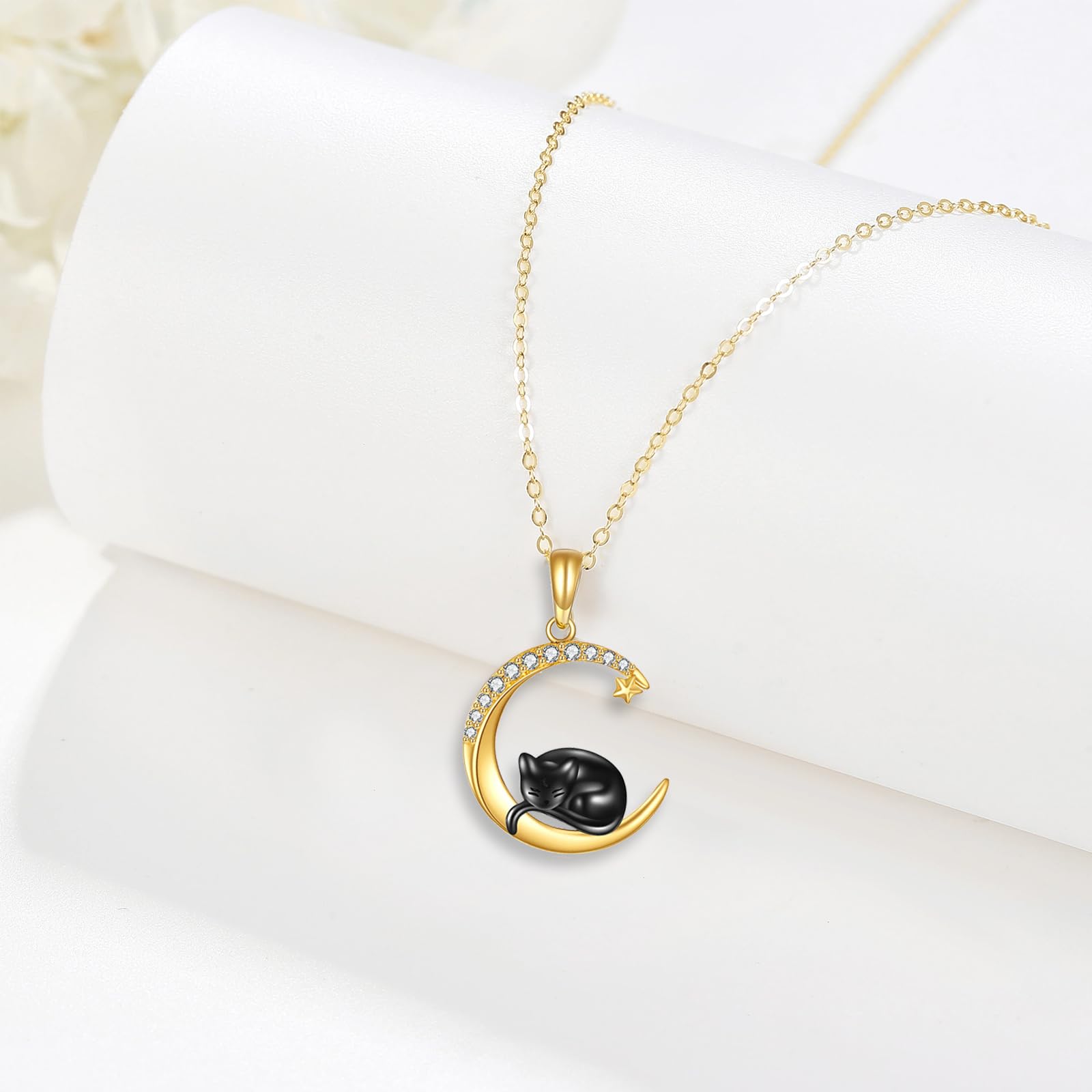 14K Real Gold Cat Necklace - Delicate Yellow Gold Crescent Moon Black Cat Pendant Jewelry for Women, Cat Lovers | Perfect Gift for Birthday, Anniversary & Everyday Wear