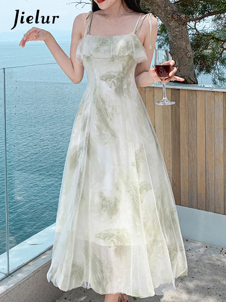 Strapless Green Floral Chiffon Dress for Women - Summer Sleeveless Slash Neck Elegant Beach Dress | Perfect for Vacations, Weddings & Tropical Getaways