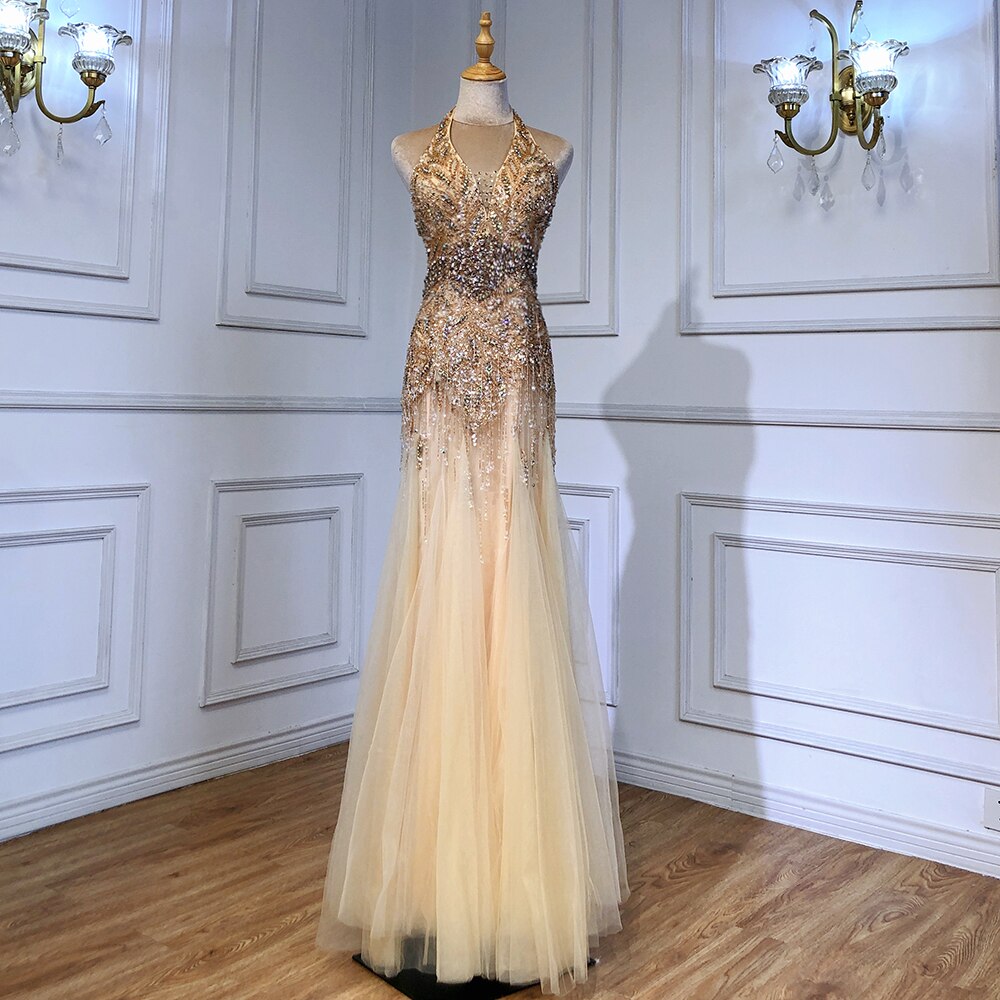 Elegant Grey Mermaid Evening Dress with Crystal Beads & Tassels - Sexy Halter Floor Length Gown for Women 2025 | Perfect for Arabic Parties, Prom Night & Formal Events - LA6151