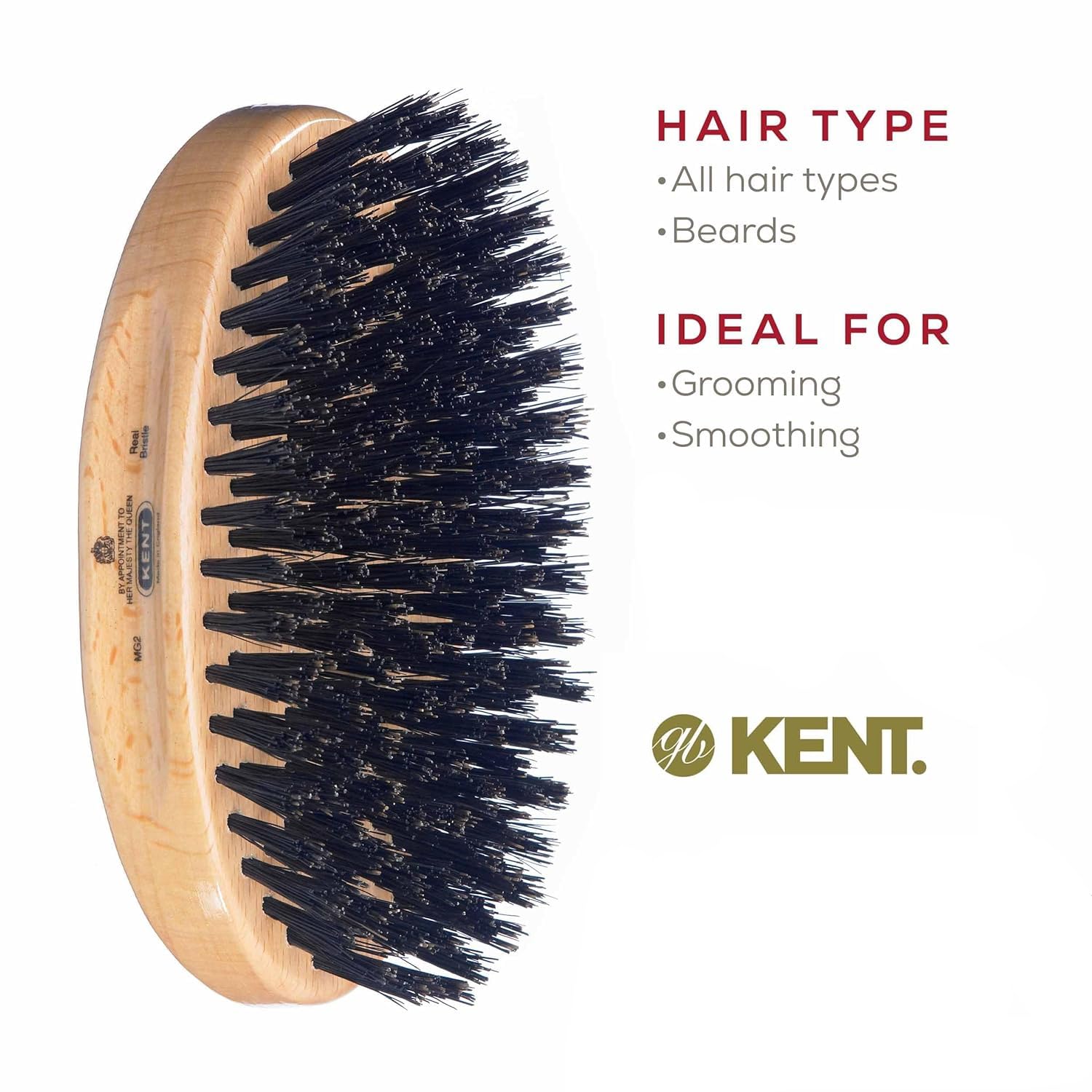 Kent MG2 Boar Bristle Hair Brush for Men - Military Style for Fine Hair & Waves | Travel & Grooming Essential