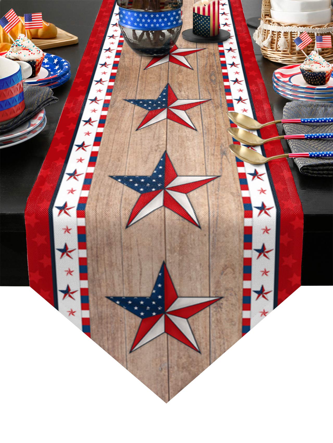 LooPoP 4th of July Independence Day Patriotic Table Runner - 70 Inch Cotton Linen Farmhouse Table Scarf for Wedding, Dining, End Table Decor - Star Pattern Wood Plank Design - Perfect for Patriotic Parties, Holiday Dinners & Farmhouse Style Home Decor