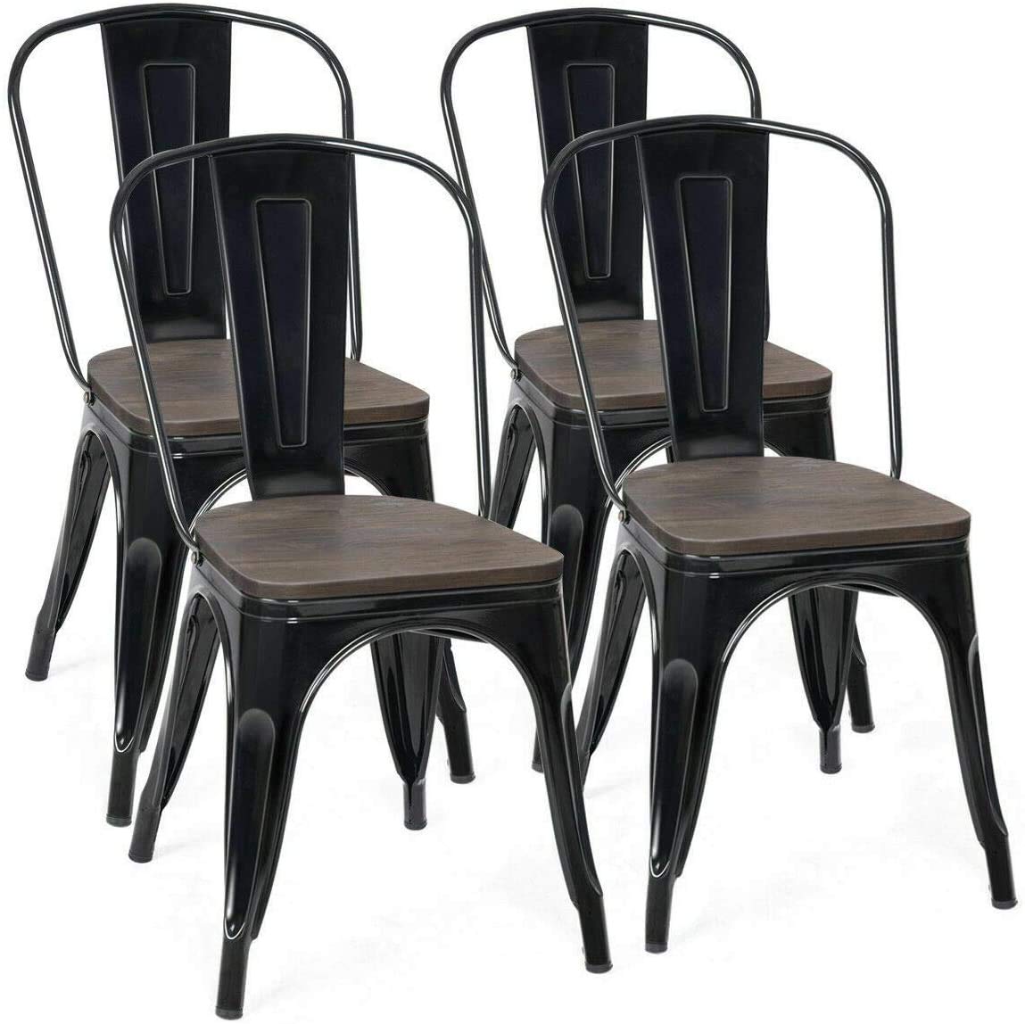 GOFLAME Set of 4 Metal Dining Chairs with Wood Seat - Tolix Style Stackable Bistro Chairs for Indoor & Outdoor Use - High Back Cafe Side Chairs for Restaurant, Living Room, Patio & Kitchen (Black)