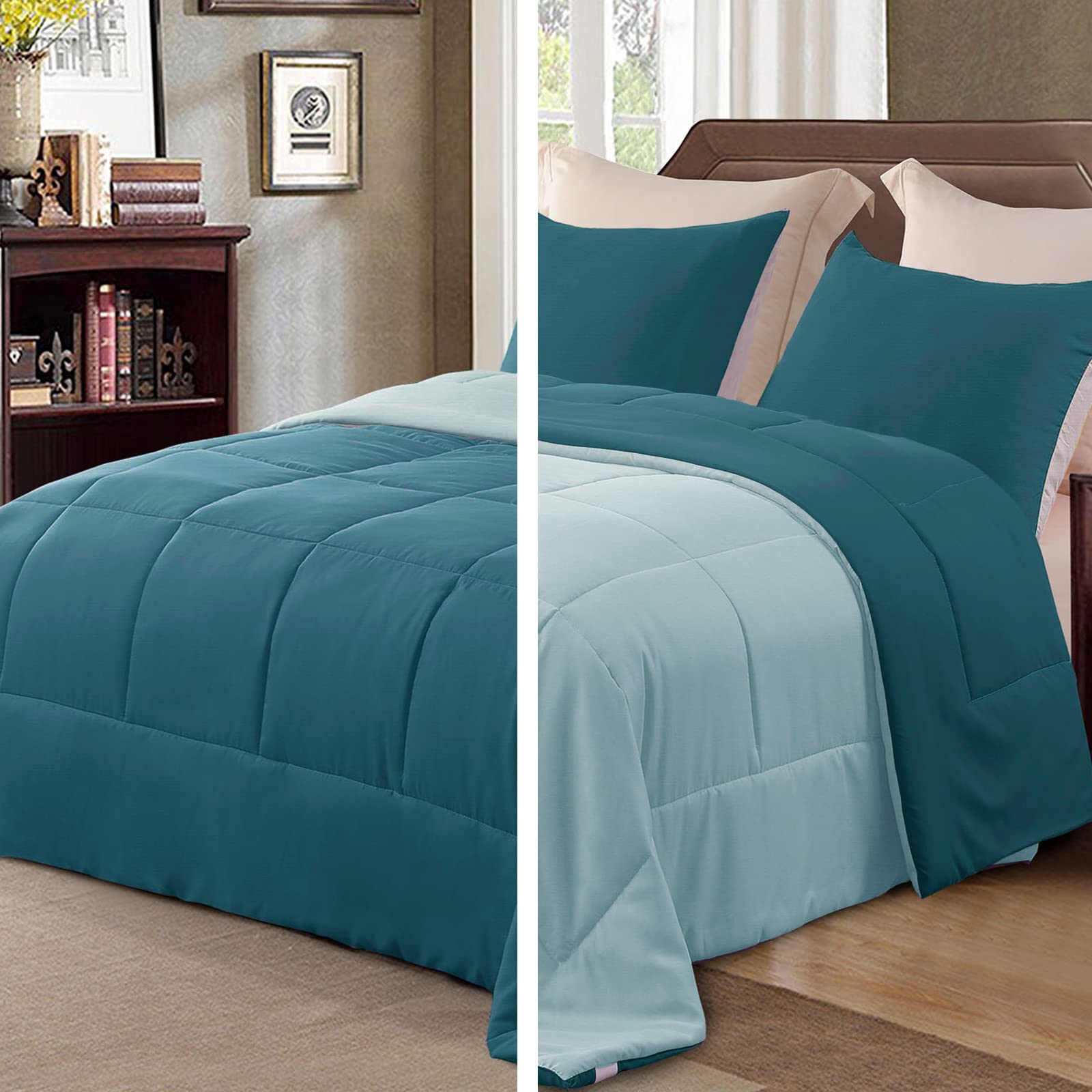 Lightweight Reversible 3-Piece Comforter Set - All Seasons Down Alternative Bedding with 2 Pillow Shams, King Size in Dusty Teal/Aqua Blue - Perfect for Master Bedroom, Guest Room & Dorm Decor
