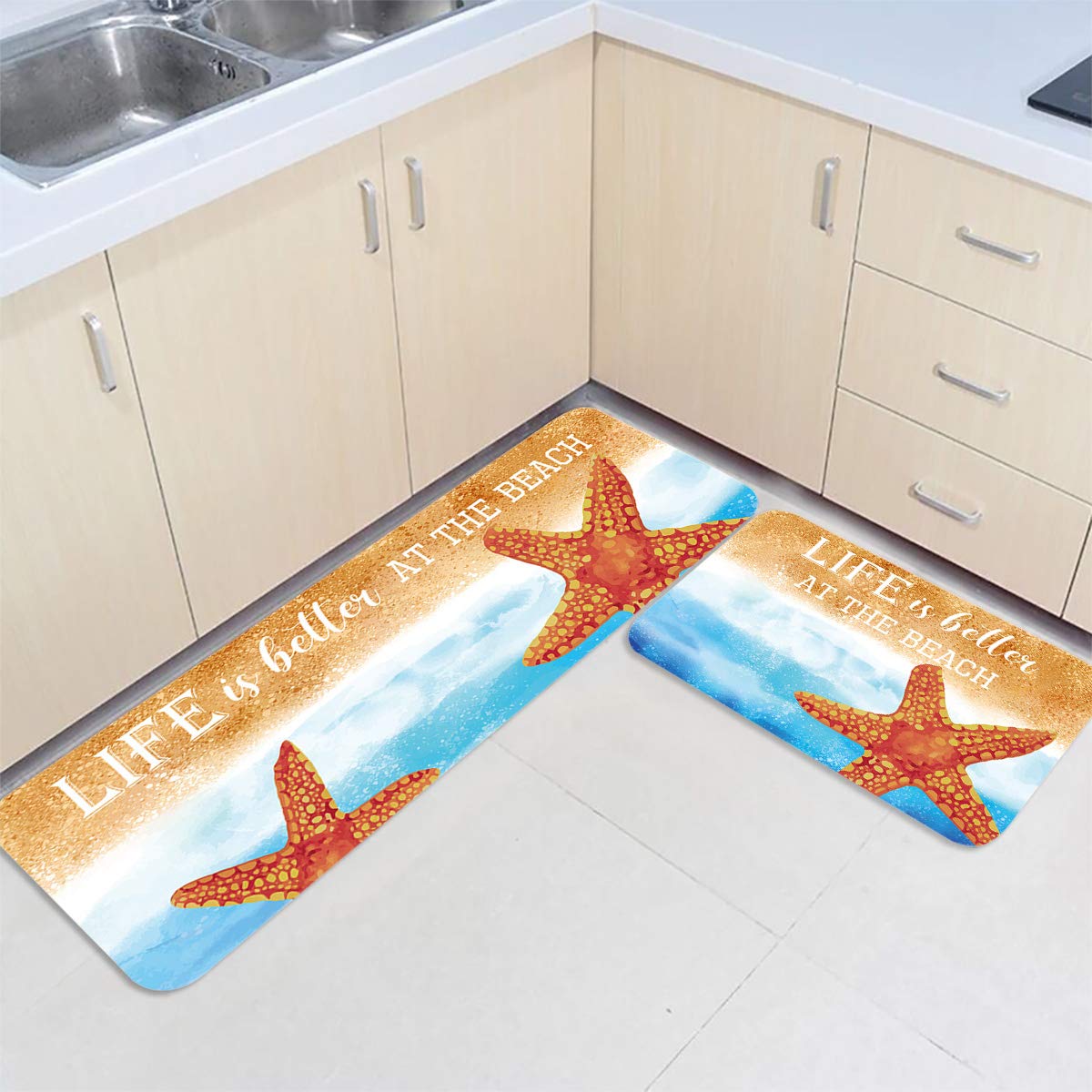 Non-Slip Kitchen Mat Set of 2 - Orange Minimalist Abstract Design, Absorbent & Washable Floor Rugs for Kitchen Sink & Home Entrance | Perfect for Beach-Themed Decor & High-Traffic Areas