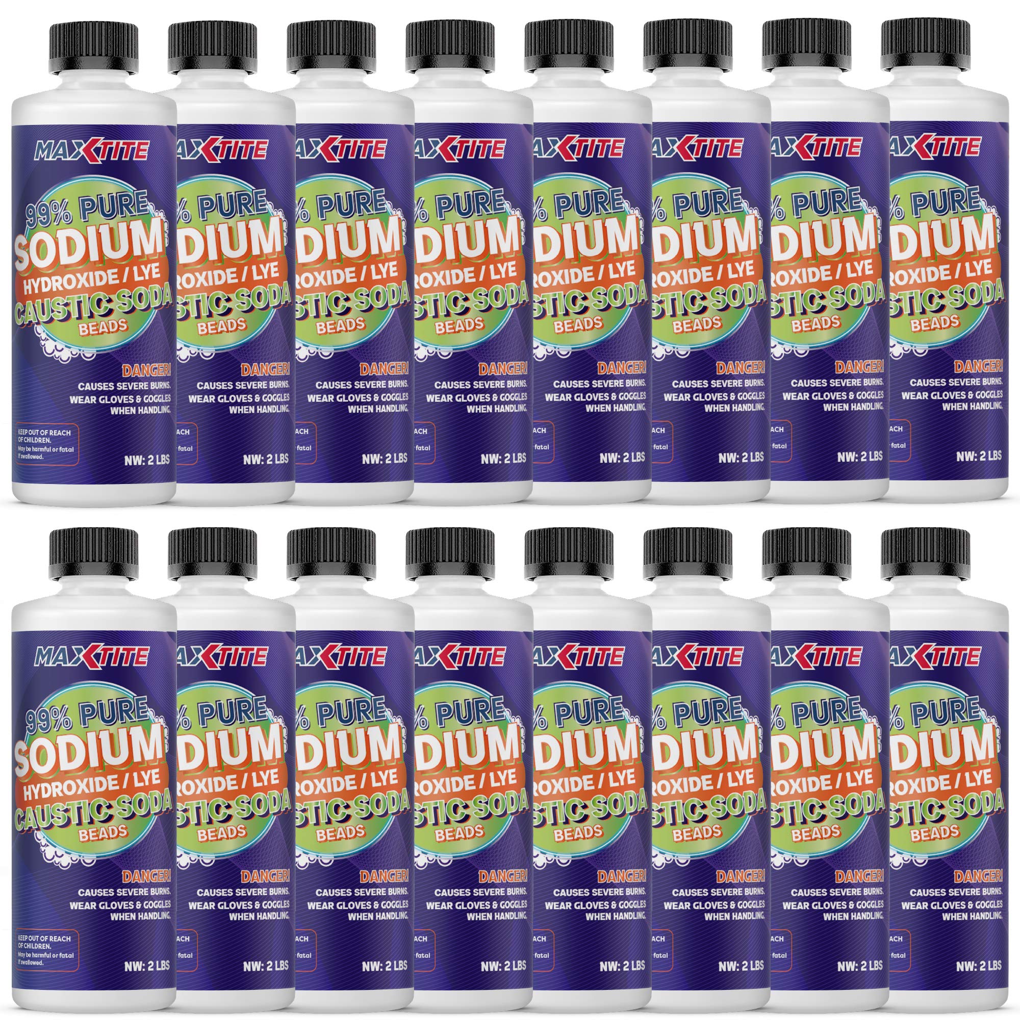 99% Pure Caustic Soda Beads (Sodium Hydroxide) - 16 Pack for Soap Making, Drain Cleaning & Industrial Use
