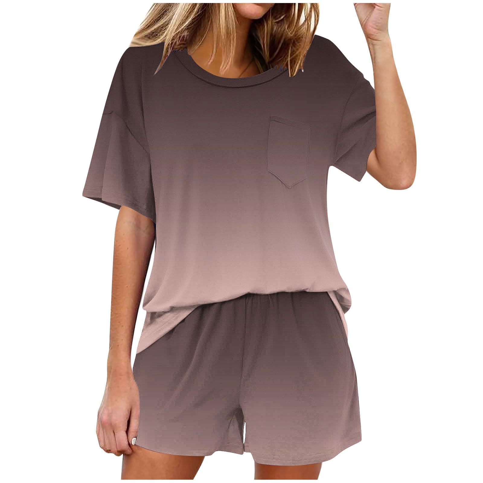Women's Summer Gradient Short Sleeve Shirt & Pocket Shorts Pajama Set - Comfortable Two-Piece Lounge Wear for Home, Sleep & Relaxation
