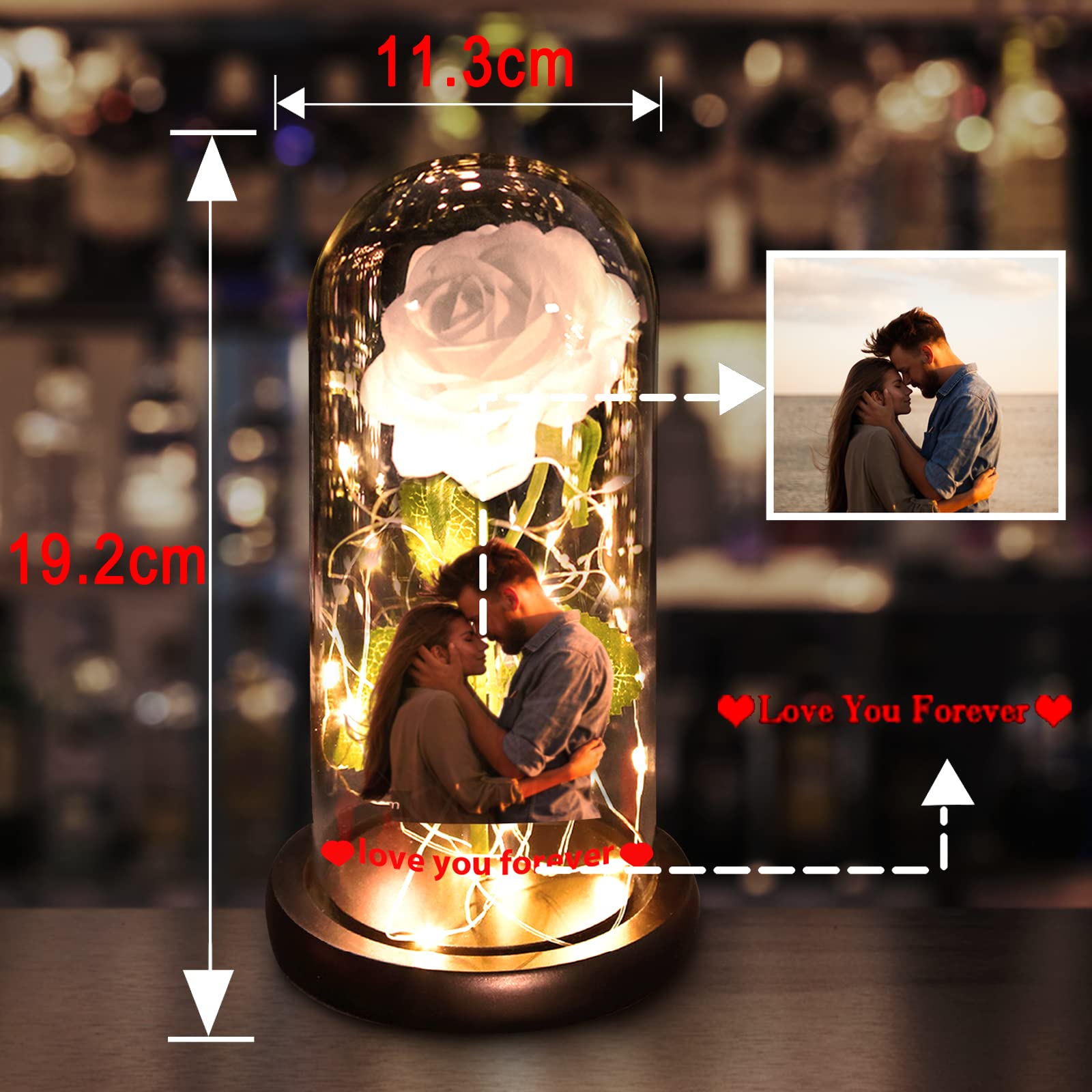 Custom Photo Rose Light - Personalized LED Rose in Glass Dome with Picture Text, Eternal Flower Lamp for Mother's Day, Valentine's, Anniversary & Birthday Gifts | Romantic Home Decor, Bedroom Night Light, Wedding Centerpiece