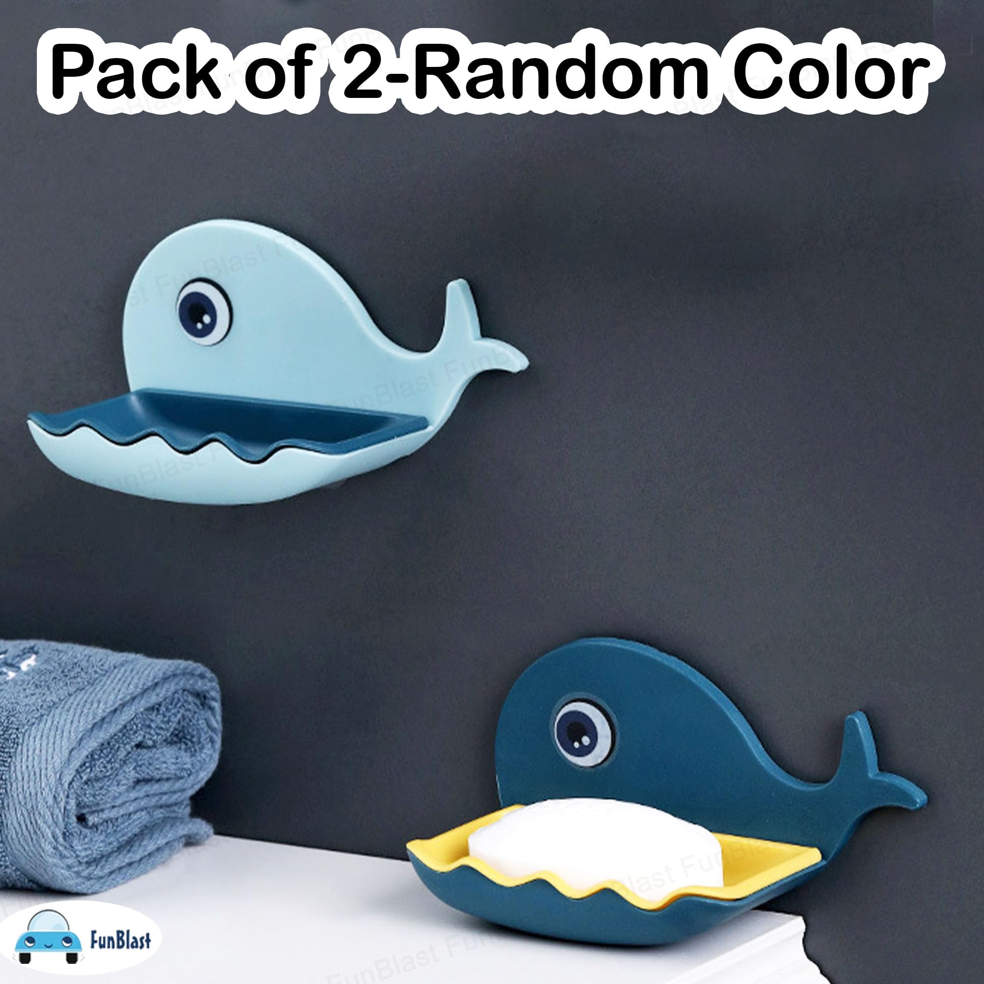 FunBlast Fish Design Soap Dish Holder - Wall Mounted Bathroom & Kitchen Soap Stand with Magic Stickers (2-Pack, Random Colors) | Perfect for Sink, Shower, and Countertop Organization