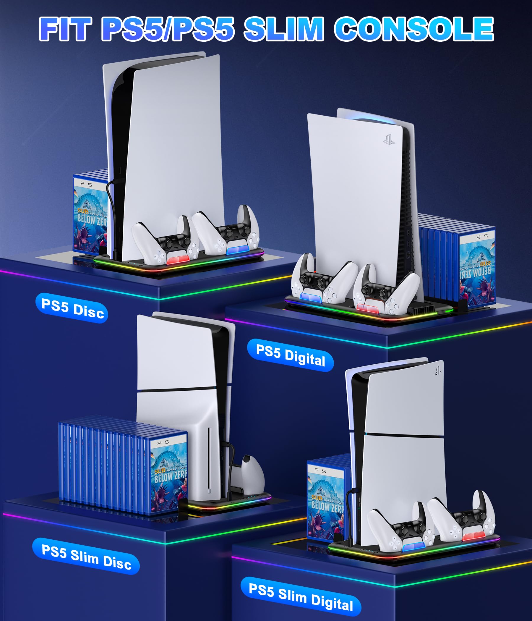PS5 Cooling Stand with RGB Lights & Dual Controller Charger - 3-Speed Cooling Fan for PlayStation 5 Slim/Disc/Digital Edition | Includes Headset Holder & 15 Game Storage Slots - Perfect for Gaming Setup & Accessories Organization