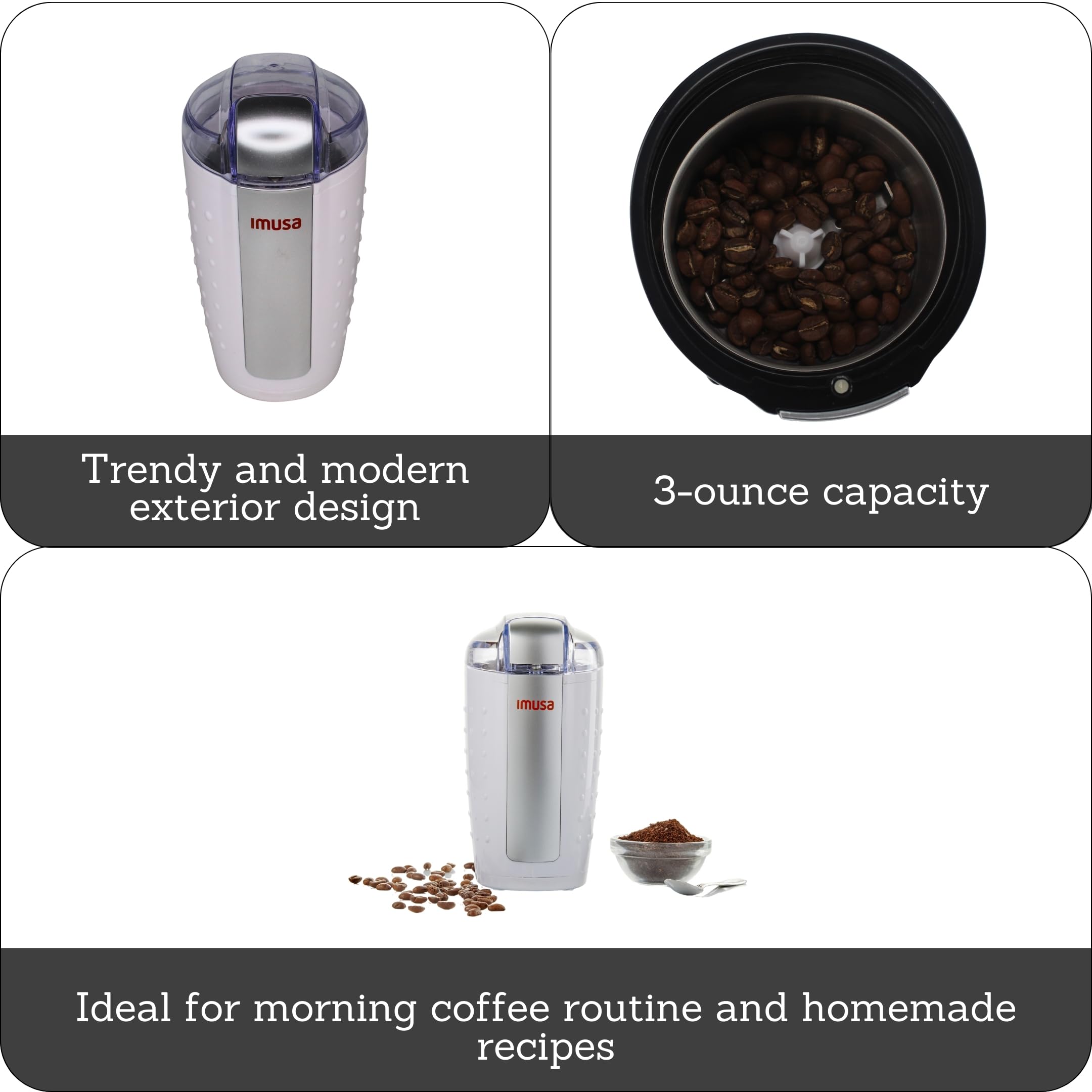IMUSA 3oz Electric Coffee Grinder & Spice Grinder - White - Perfect for Freshly Ground Coffee & Spices at Home or Office