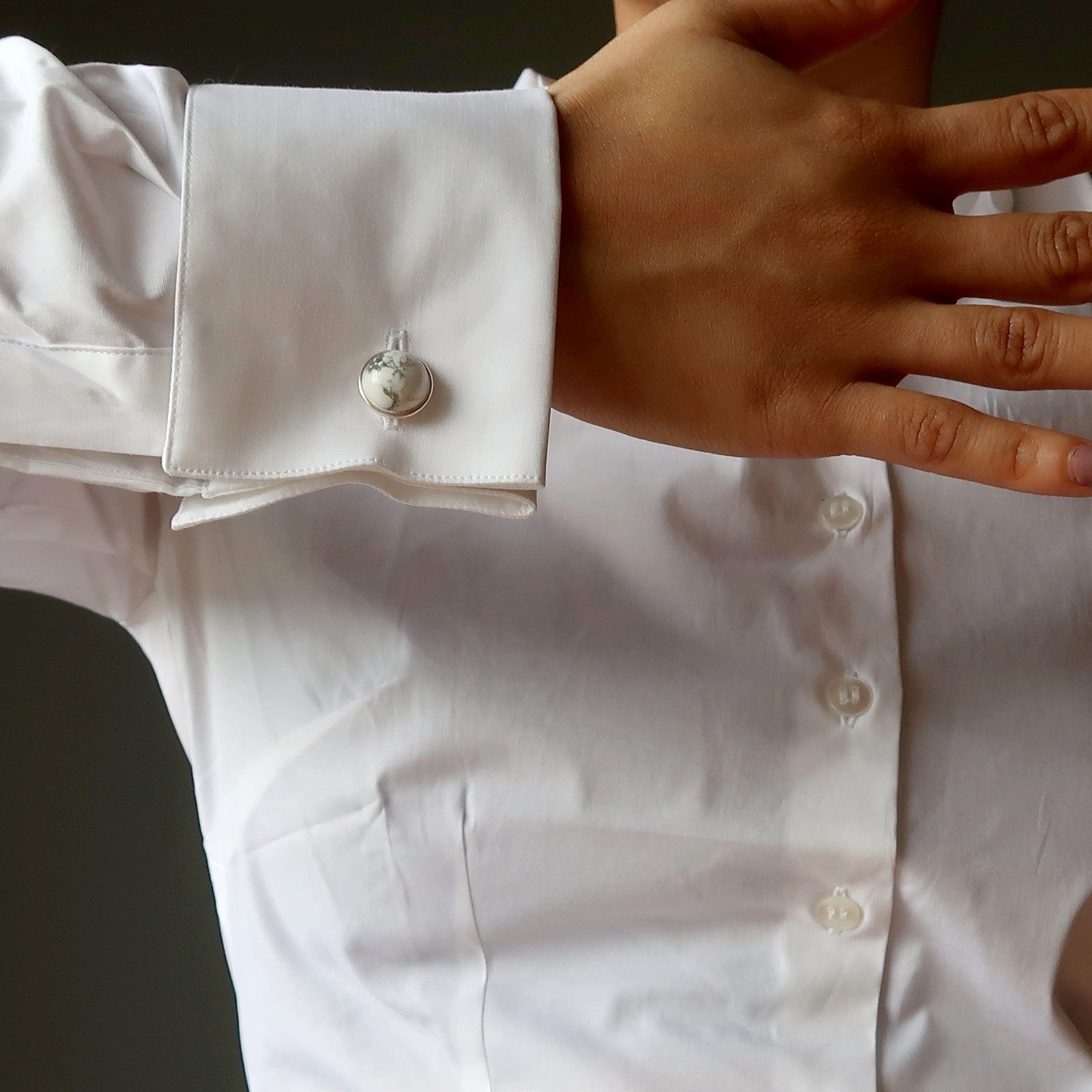 Stylish Howlite Cufflinks Set - Premium White Stone & Sterling Silver Mens Dress Accessories - Perfect for Weddings, Business Meetings & Formal Events