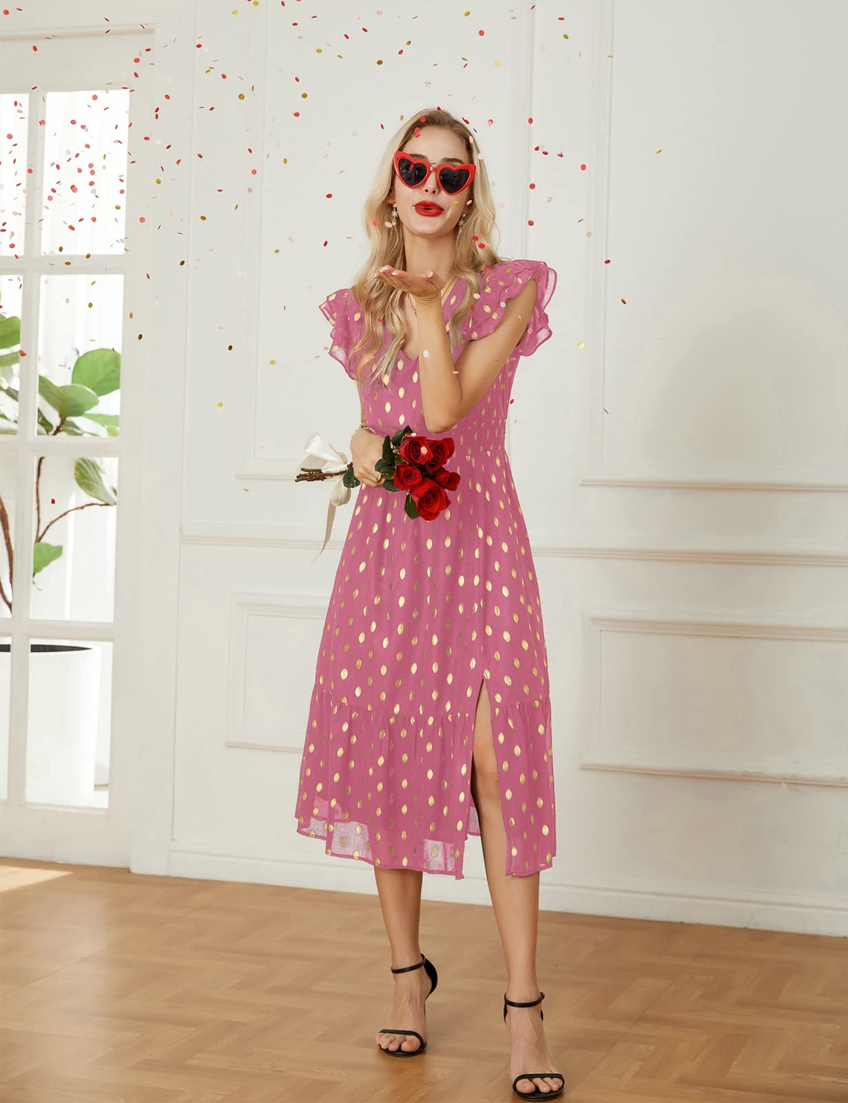 GRACE KARIN Women's V-Neck Ruffle Sleeve Summer Dress 2025 | Split Flowy Tiered Midi Dress for Wedding Guest & Cocktail Parties | Beach Vacation, Date Night, Office Wear