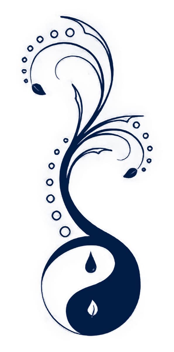 Long-Lasting 1-2 Weeks Semi-Permanent Flower Juice Temporary Tattoo Ink for Adults - Yin Yang Symbol, Life Tattoo, Body Art, Leaf Design in Navy Blue - Realistic Looking for Men & Women - Perfect for Chest, Neck, Arm - Great for Parties, Festivals & Self-Expression (4 Sheets)