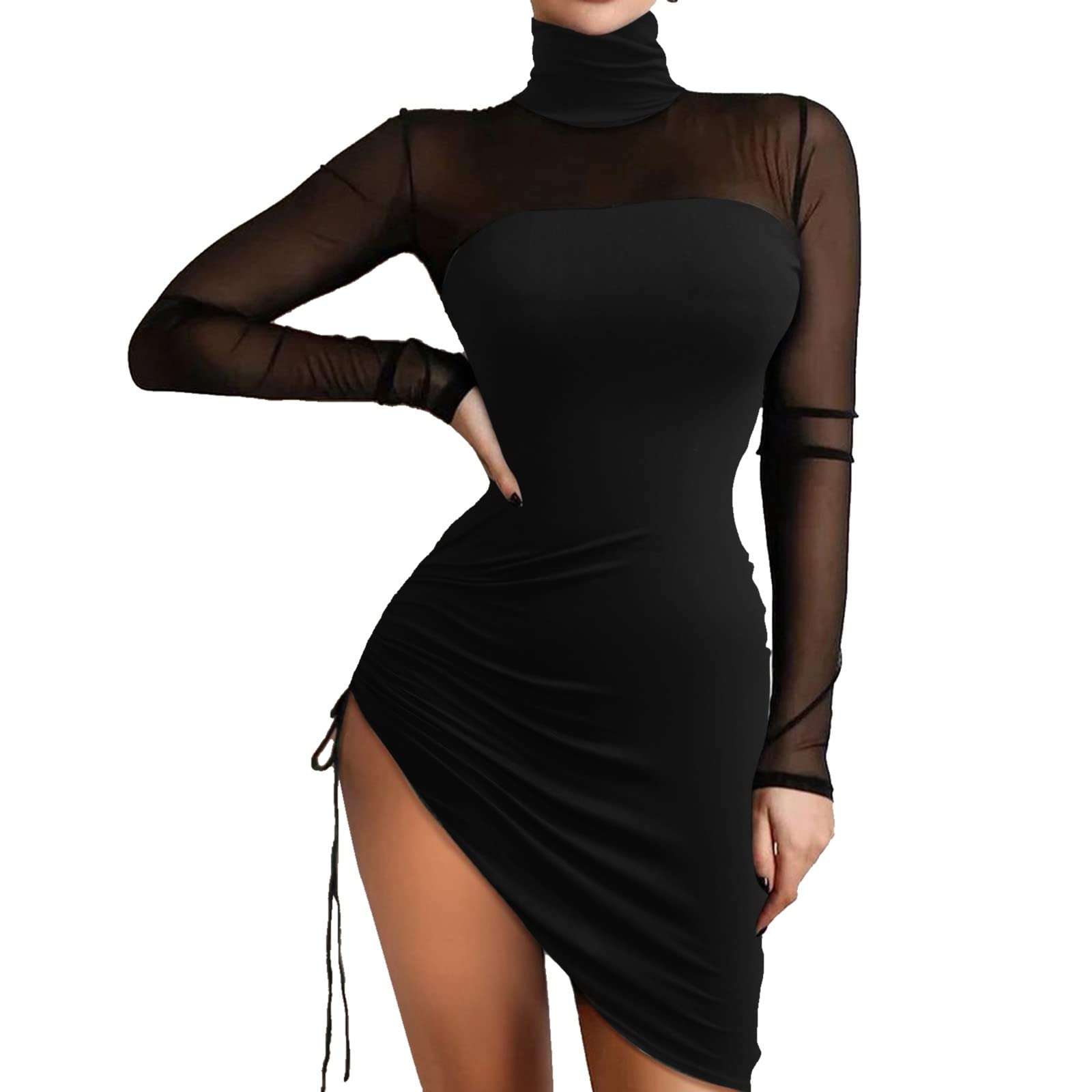 Qvkarw Women's Long Sleeve Turtleneck Bodycon Dress with Glitter & Mesh Split Hem - Sexy Mini Dress for Party, Club, Date Night or Holiday Outfits