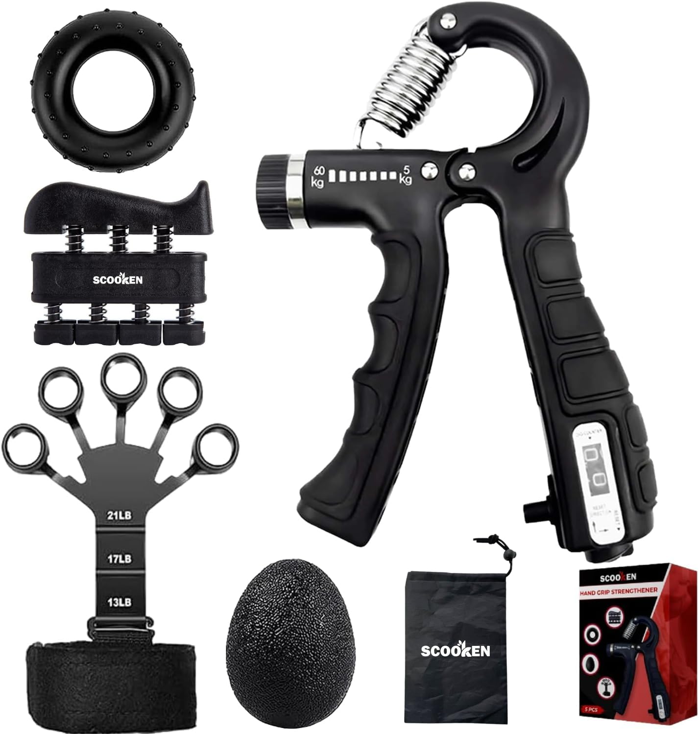 Grip Strengthener Kit 5-Pack - Gripster Forearm & Finger Strength Trainer - Hand & Wrist Exerciser for Enhanced Grip Power - Ideal for Rock Climbing, Guitar Playing, and Rehabilitation