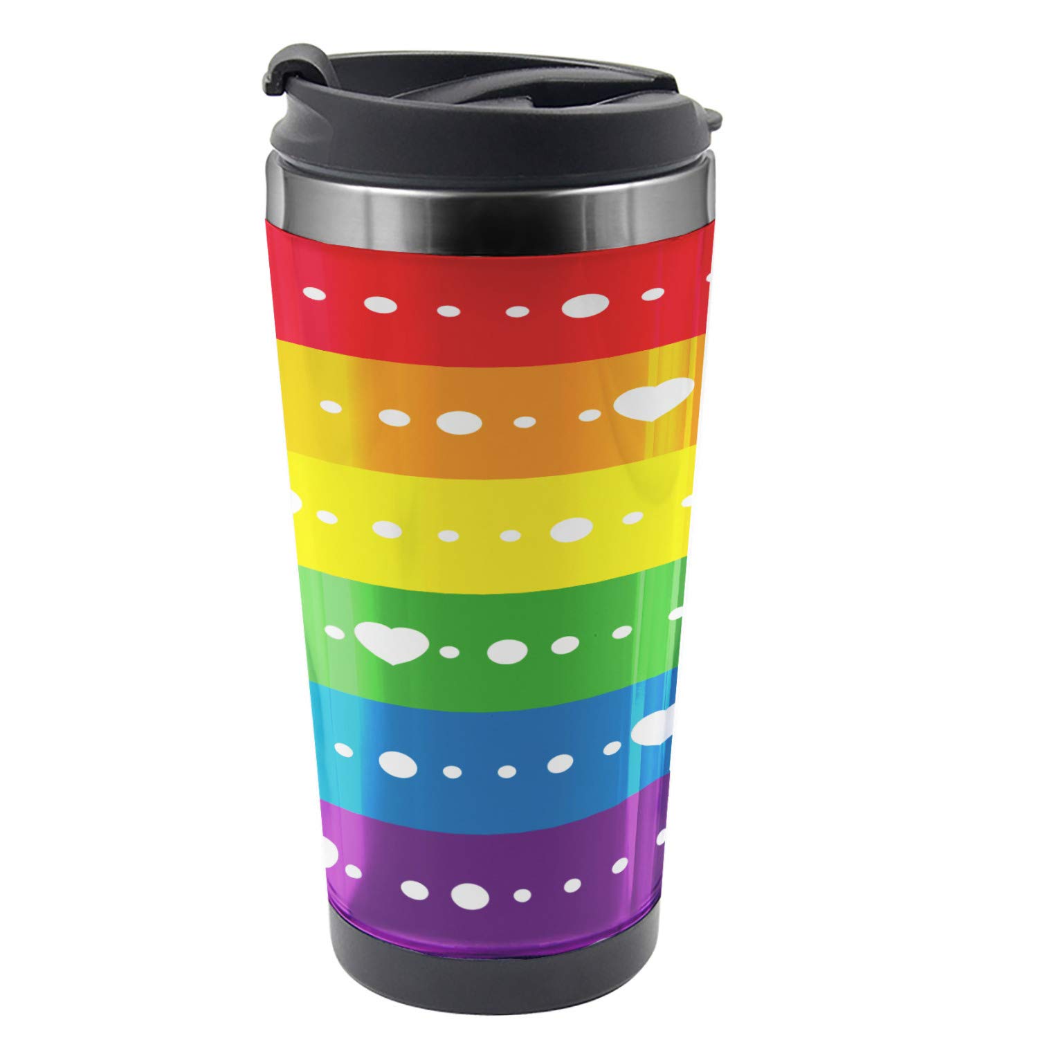 Ambesonne 16 oz Rainbow Travel Mug - Stainless Steel Thermal Cup with Gay Pride Flag Dots Design - Perfect for Hot & Cold Drinks - Ideal for Travel, Work, and LGBTQ+ Pride Events