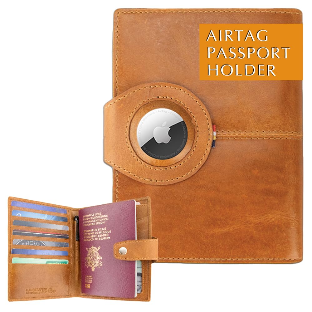 GARZINI Leather Passport Holder with AirTag Slot & RFID Blocking - Travel Wallet for 7 Cards & ID Window - Premium Brushed Cognac Travel Accessories for International Flights & Business Trips