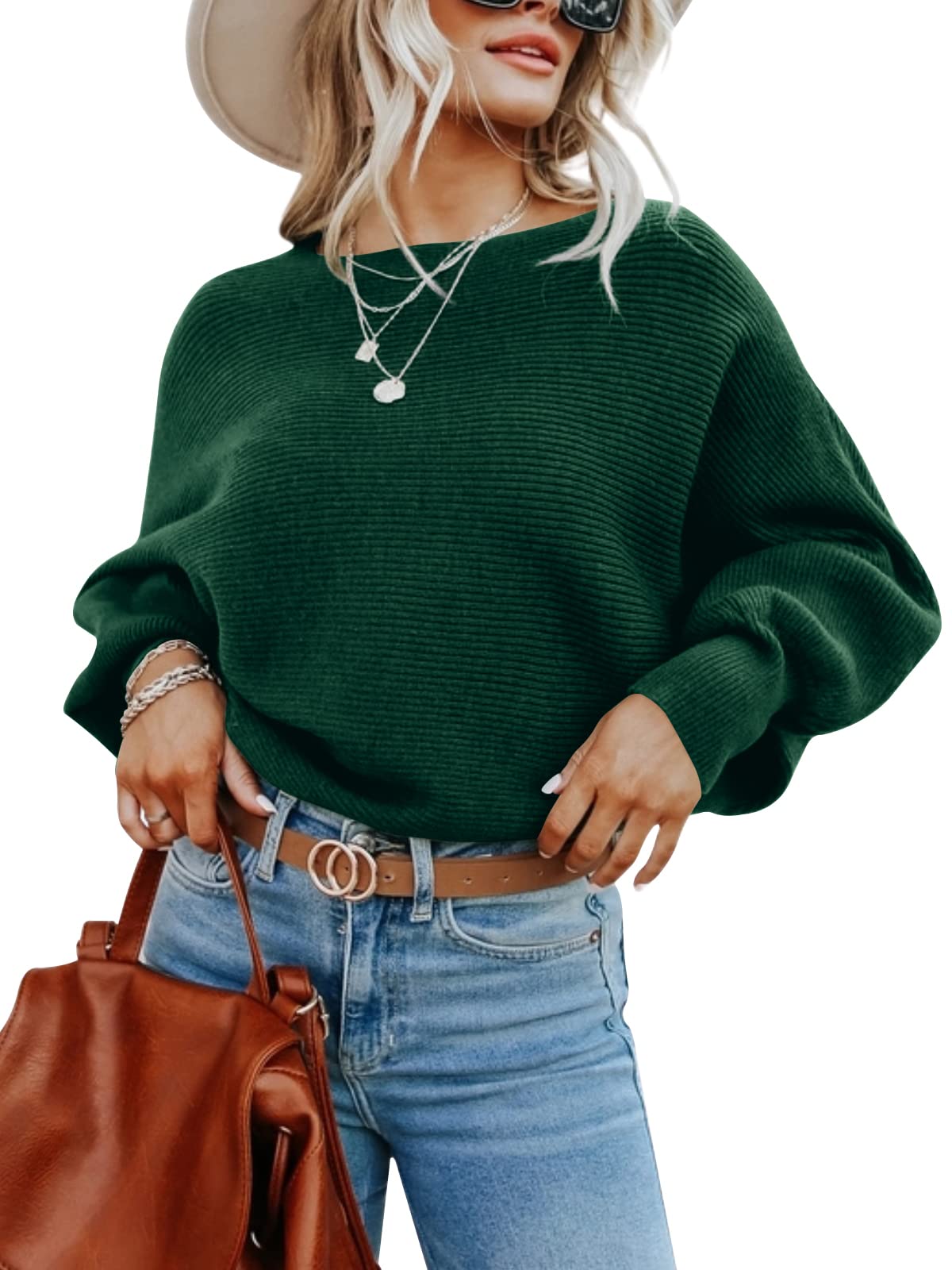 Imily Bela Women's 2022 Fall Long Sleeve Boat Neck Knit Pullover Sweater - Cozy Balloon Sleeve Jumper for Autumn Outfits, Office Wear & Casual Dates