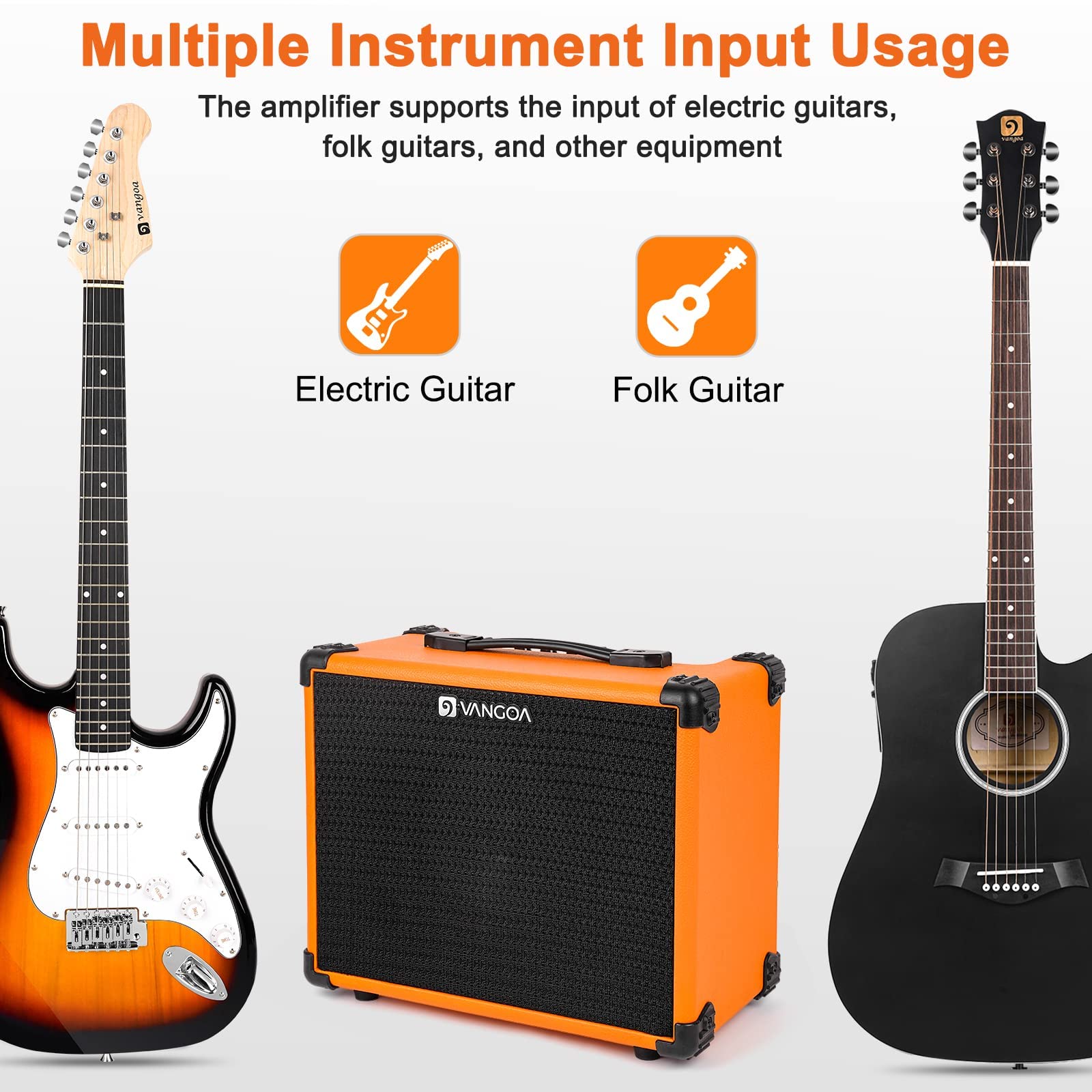 Vangoa 15W Electric Guitar Practice Amp with 3-Band EQ, 6.5″ Speaker & Headphone Jack - Portable Combo Amplifier for Electric Guitar & Bass (Orange) - Perfect for Home Practice, Studio Recording & Small Gigs