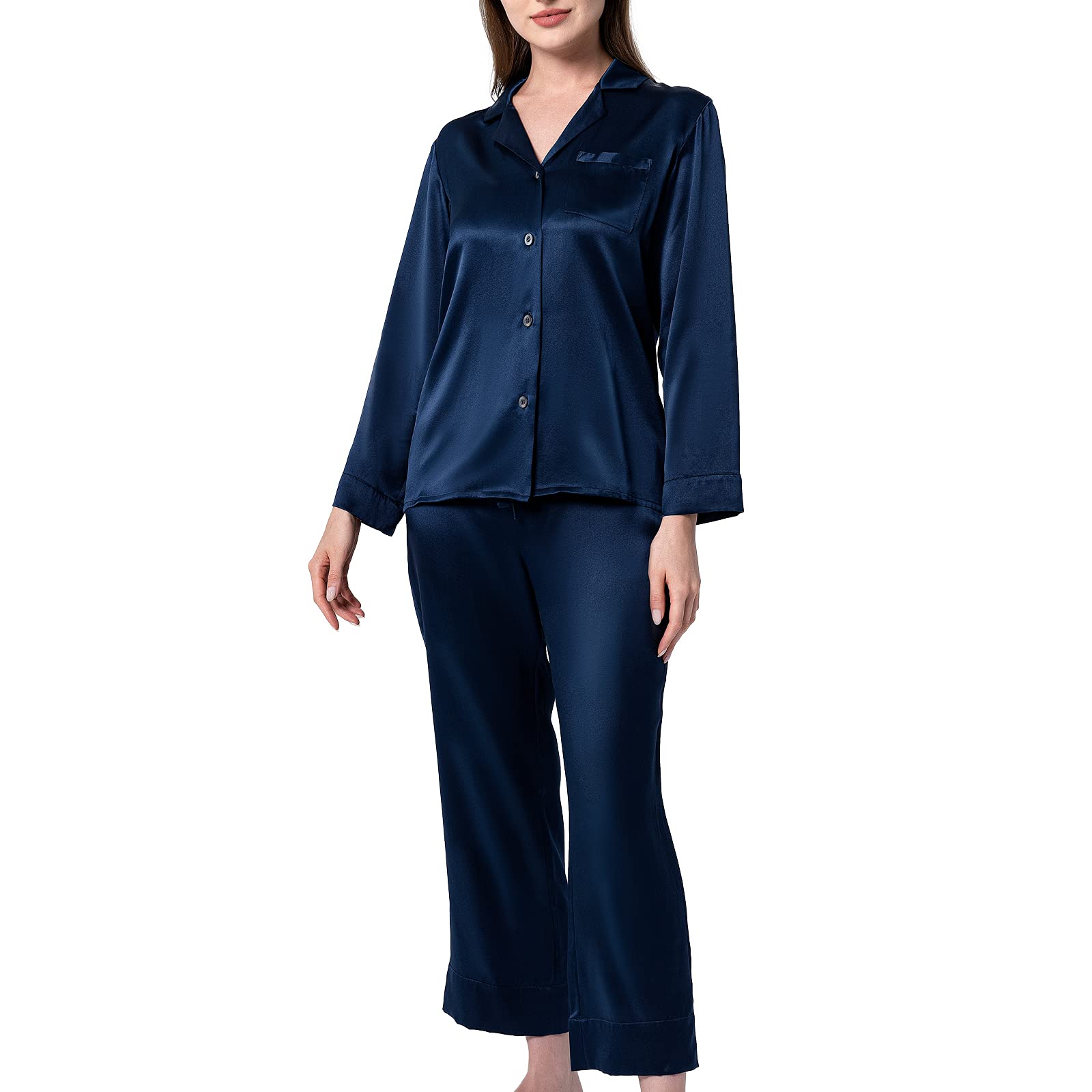 Premium 100% Mulberry Silk Pajama Set for Women - Long Sleeve Button Down V-Neck Sleepwear | Soft Luxurious Nightwear for Relaxation, Spa Days & Gift Giving