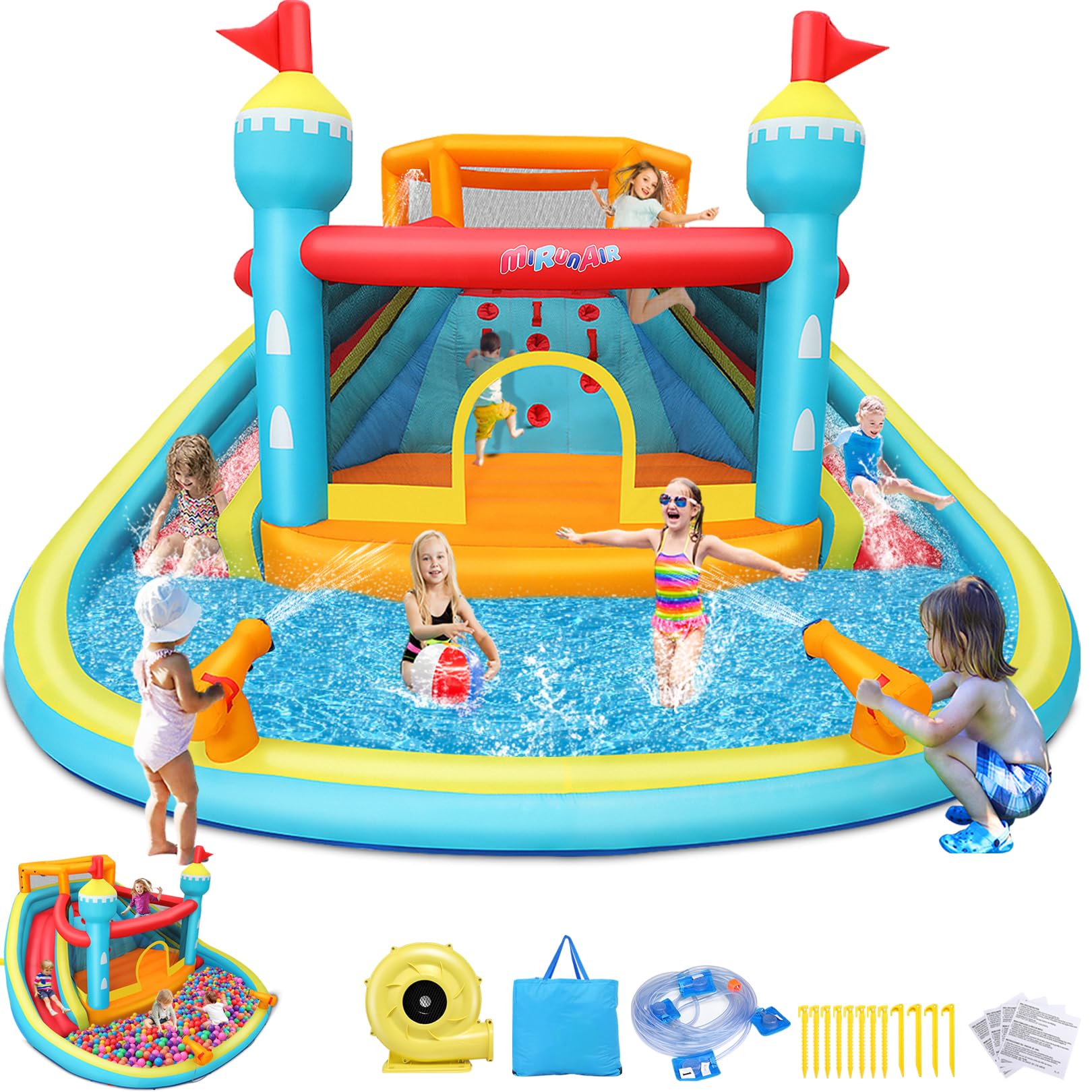 Inflatable Water Slide Bounce House for Kids - 14.1x13.8x7.5FT Double Lane Mega Waterpark with Climbing Wall, Water Cannons & Splash Pool - Outdoor Backyard Party, Summer Fun, Birthday Gifts - Includes Storage Bag & 520W Blower