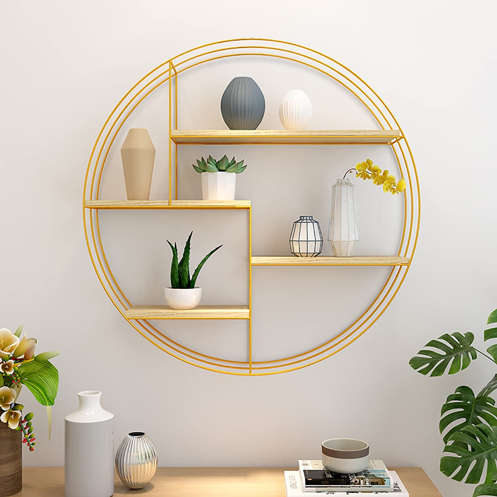 KEPMOGOH Floating Shelves Wall Mounted - Rustic Wood & Metal Round Wall Shelf for Home Decor, Living Room, Bathroom, Kitchen Display Organizer | Perfect for Showcasing Plants, Photos & Decorative Items (Color: B)