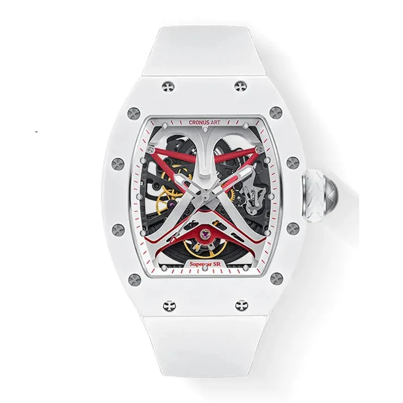 CRONUSART Men's Automatic Skeleton Watch - 50mm Tonneau Case, Carbon Steel, Luminous Hands, Fluororubber Strap - Mechanical Wristwatch for Business, Casual & Formal Occasions