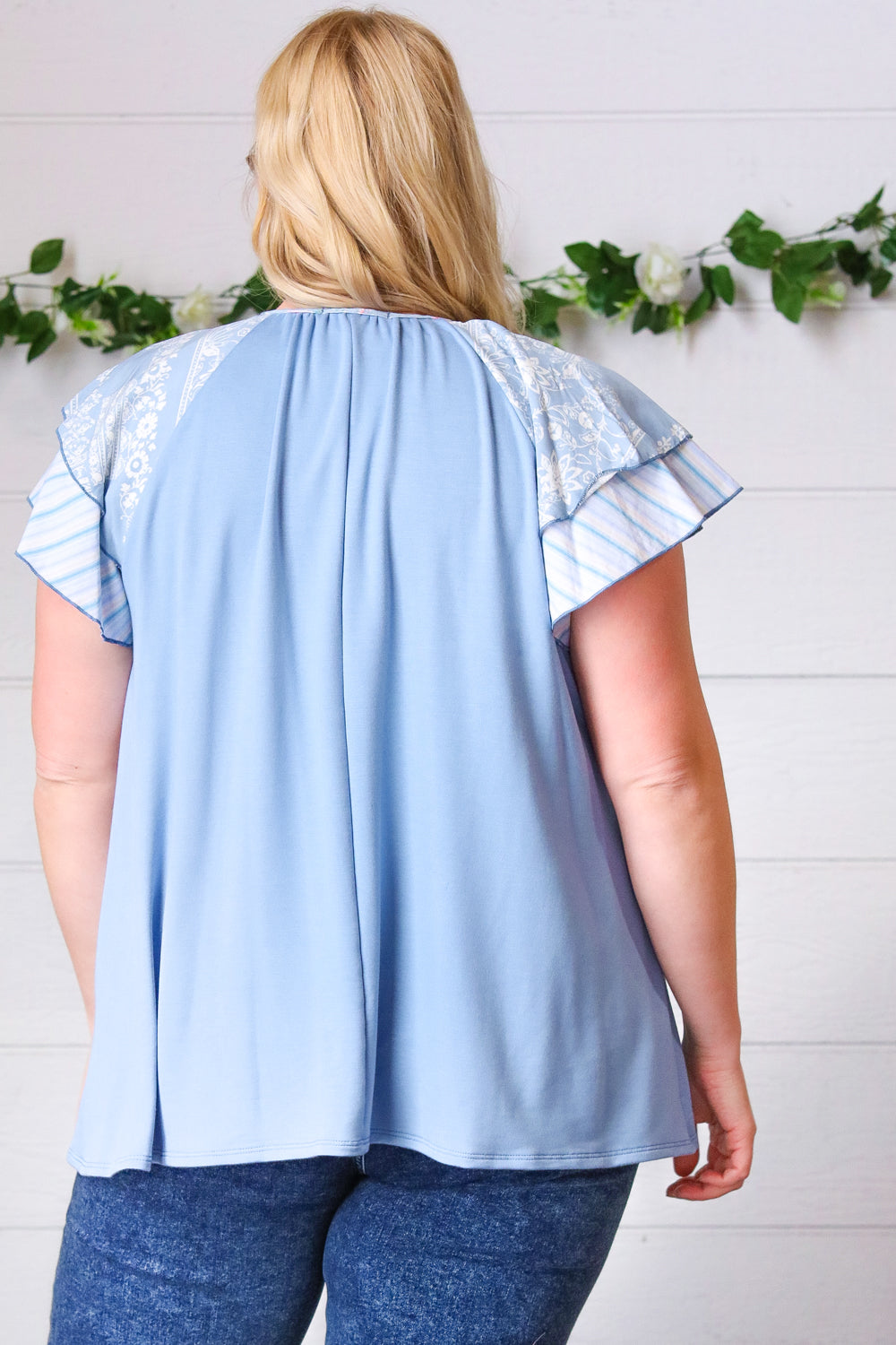 Blue Floral & Stripe V-Neck Tie Double Flutter Sleeve Blouse for Women | Summer Casual Tops for Work, Date Night & Outdoor Activities