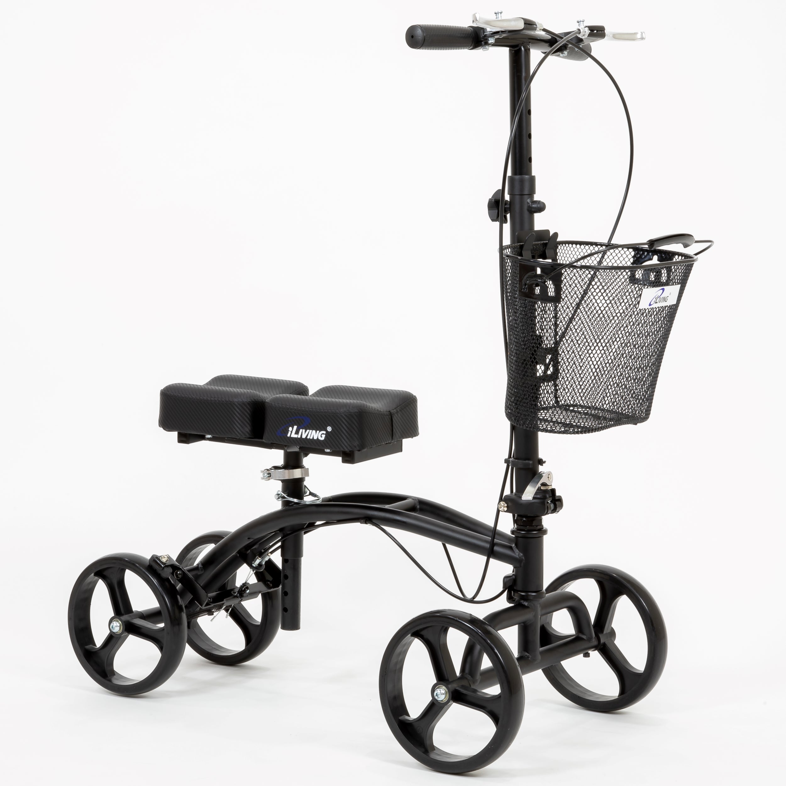 iLiving Mobility Steerable Deluxe Knee Walker Scooter with Basket - Adjustable Pads & Dual Braking System - Matte Black - Ideal for Post-Surgery Recovery & Mobility Assistance