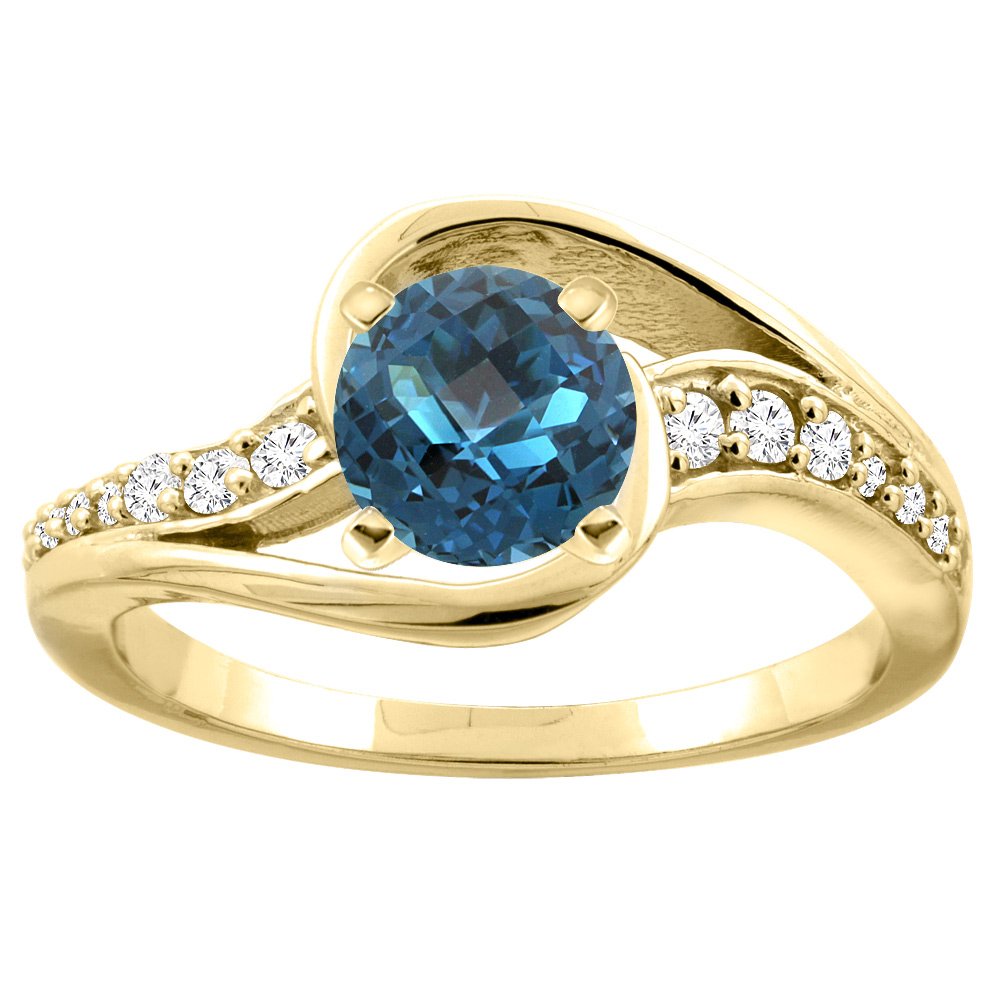 10K White/Yellow Gold Natural London Blue Topaz Bypass Ring with 6mm Round Diamond Accent - Size 5-10 | Elegant Wedding, Engagement & Anniversary Jewelry Gift for Women