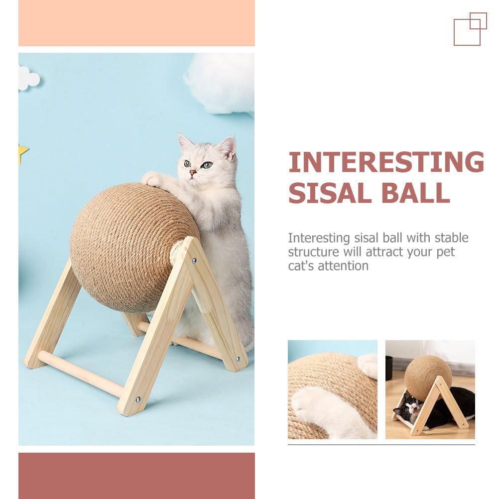 POPETPOP Cat Scratching Ball Toy - Small Rotatable Kitten Scratcher with Sisal & Wood, Interactive Cat Toy for Indoor Kittens to Grind Claws - Perfect for Playtime, Exercise & Stress Relief (Cat Supplies & Accessories)
