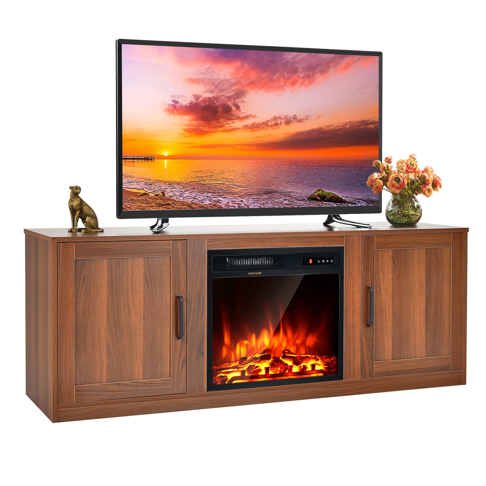 Tangkula 65 Inch Electric Fireplace TV Stand with 1500W Faux Flame, Built-in Thermostat, 5-Level Brightness & Remote Control - Modern Brown Fireplace Media Console for Living Room, Bedroom & Office