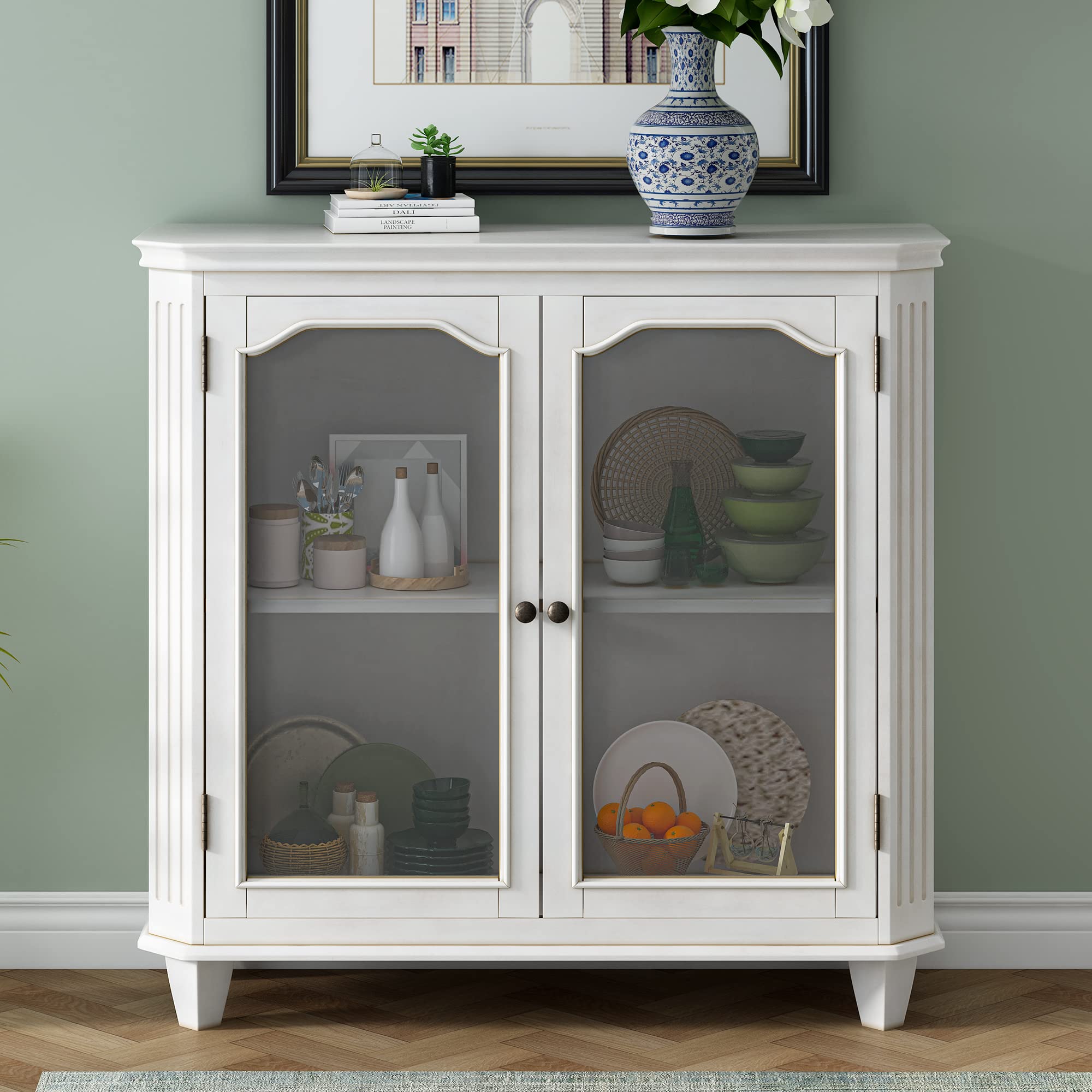 Vintage Wooden Storage Cabinet with Adjustable Shelves & 2 Doors - Modern Buffet Sideboard for Living Room, Entryway, Kitchen & Dining Room (Antique Grey White) | Perfect for Home Organization, Display Decor & Extra Storage Space