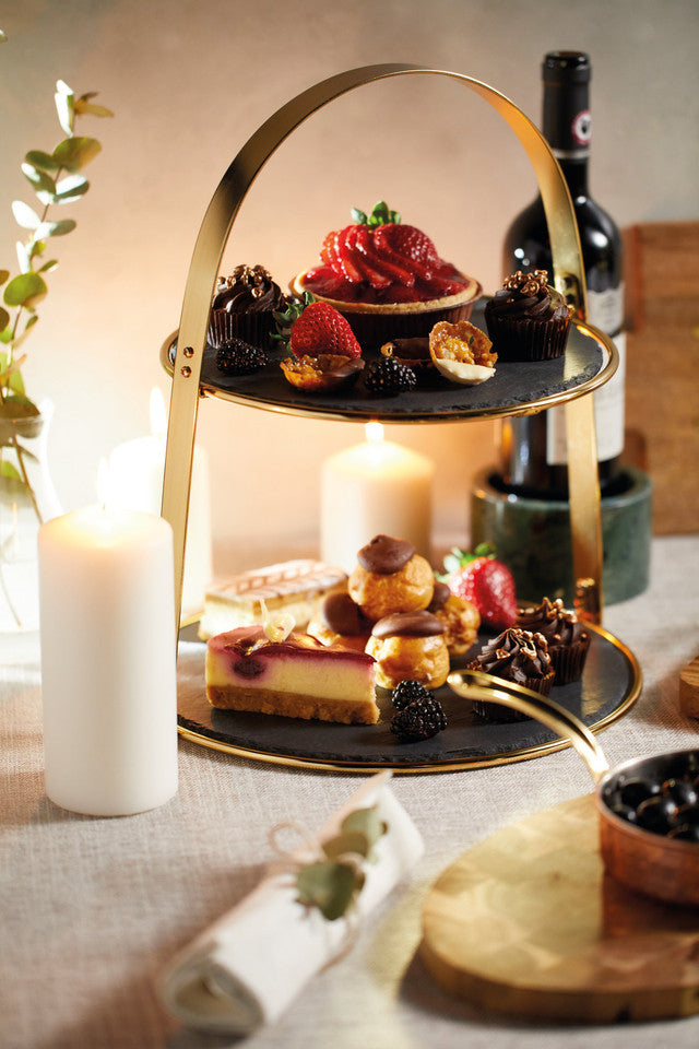 2 Tier Brass Cake Stand with Round Slate Serving Platters - Elegant Dessert Display for Weddings, Parties & Afternoon Tea