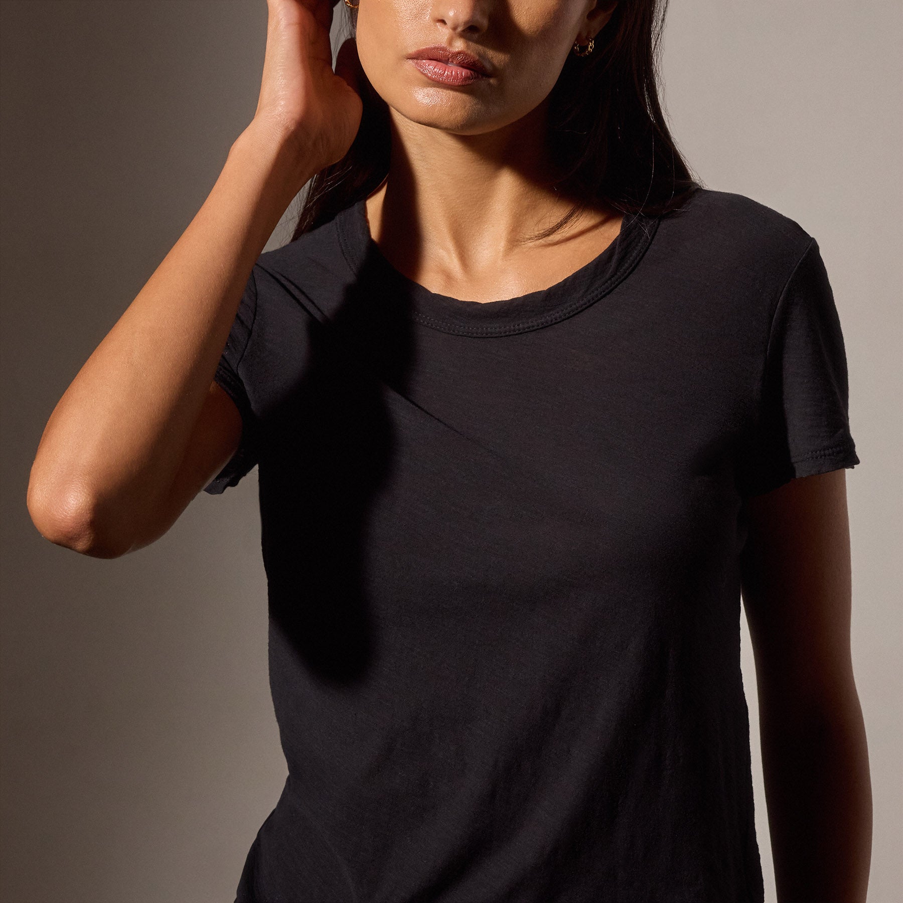 Breathable Sheer Slub Crew Neck T-Shirt for Women - Soft Black Cotton Tee | Casual Wear, Layering & Summer Outfits
