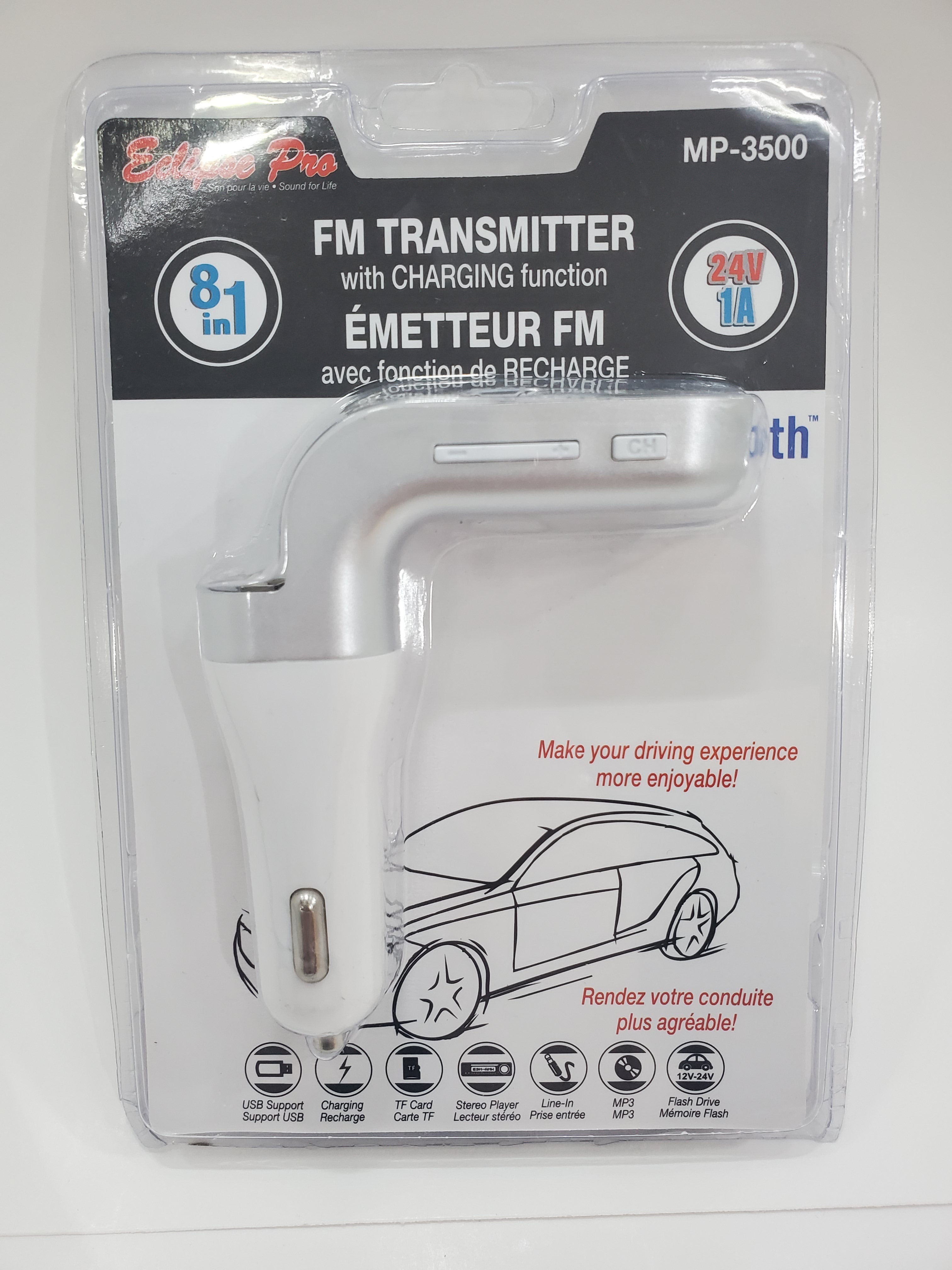 ECLIPSE PRO 8-in-1 FM Transmitter with USB Charging & MP3 Player - Car Audio Adapter for iPhone & Android - Perfect for Road Trips & Hands-Free Calling