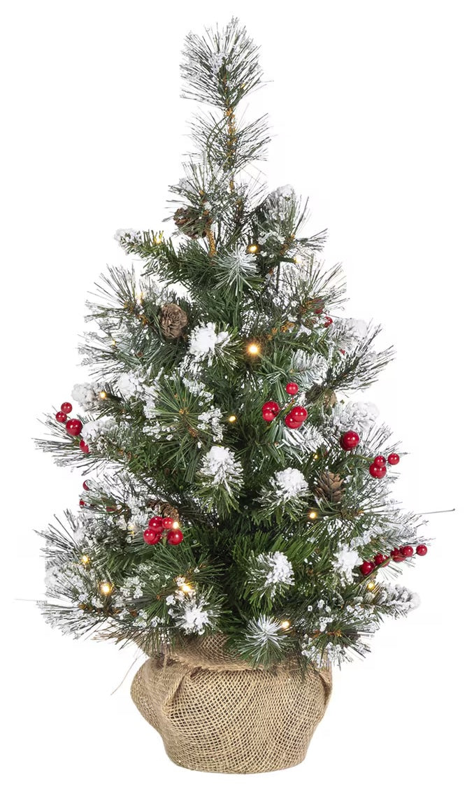 2ft Battery-Powered Windsor Glazier Pine Artificial Christmas Tree with Dual LED Lights - Perfect for Home, Office & Holiday Decorations