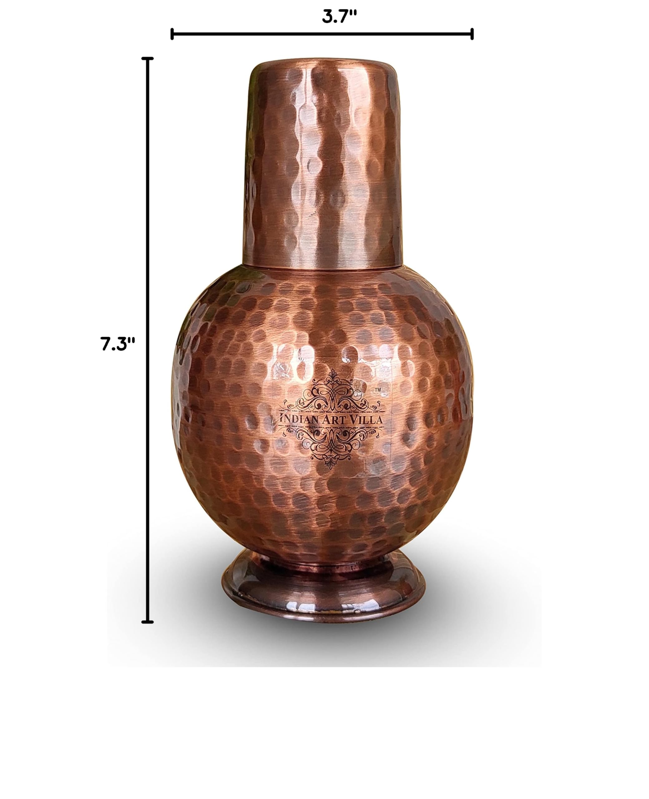 Pure Copper Water Bottle with Inbuilt Glass & Antique Surahi Design - 25oz (Pack of 2) | Indian Art Villa | Elegant Drinkware for Bedroom, Office & Travel | Ayurvedic Health Benefits