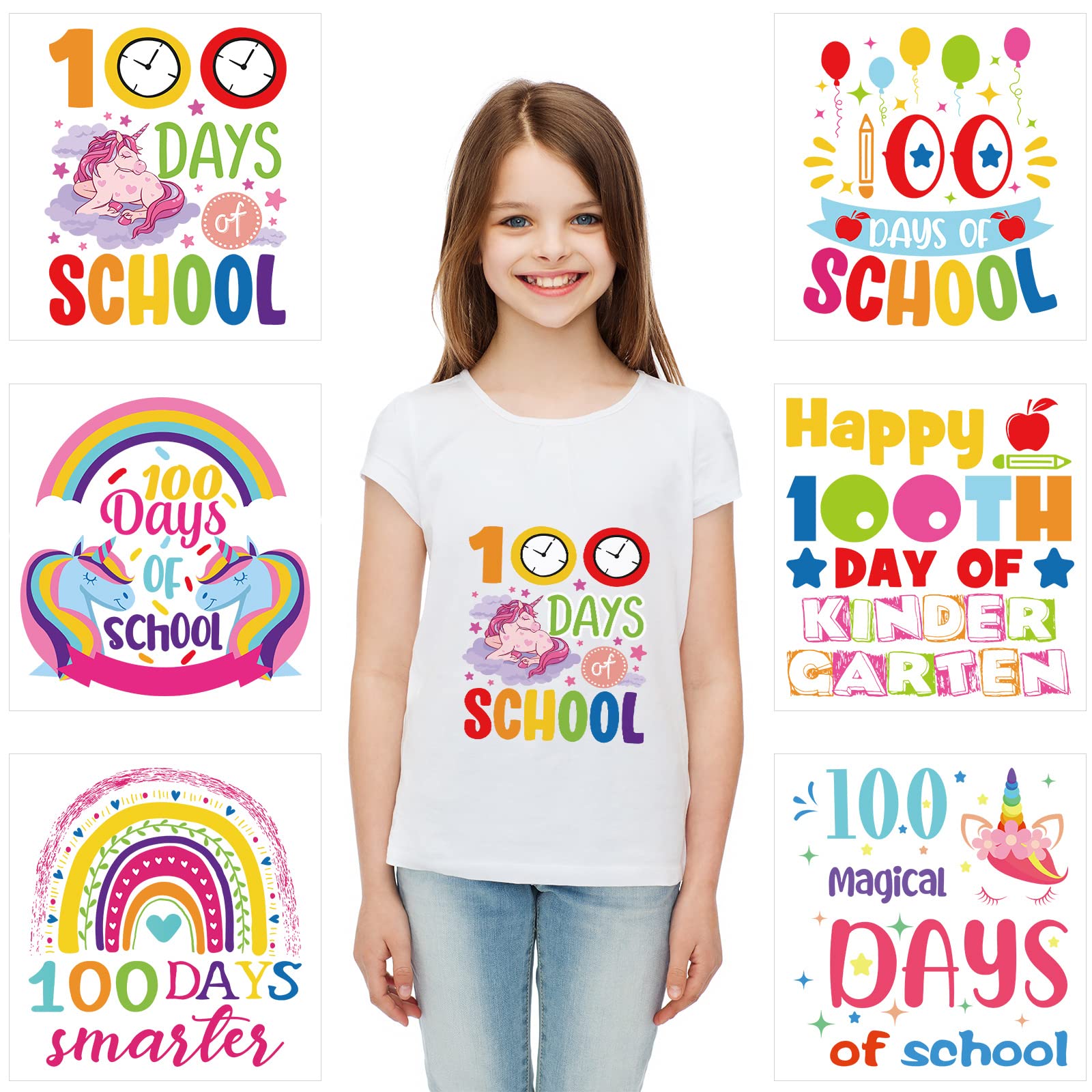 TaoBary 6-Piece DIY Iron-On Patches Kit - Unicorn & Rainbow Designs for 100 Days of School - Heat Transfer Washable Stickers for Clothing, Bags, Hats - Perfect for DIY Crafts & School Projects (Candy Theme)