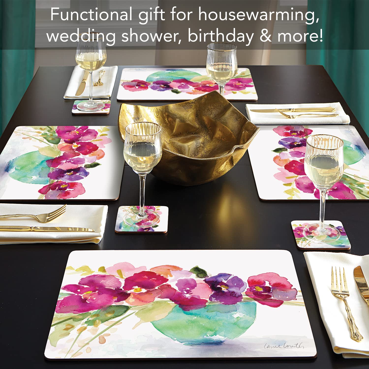 Bowl of Blooms Decorative Hardboard Cork Back Tabletop Placemats - Set of 4 - Heat Resistant & Easy to Clean - Made in USA - Perfect for Dining Tables, Kitchen Countertops & Home Decor