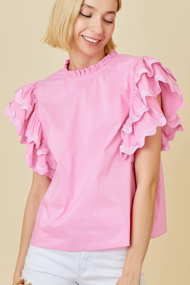Bonbon Ricrac Ruffled Sleeve Frilled Collar Blouse - Women's Vintage Pink Top for Casual Wear & Office Outfits