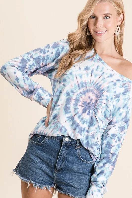 BiBi Tie Dye Print Terry Top with Front Patch Pocket - Stylish Women's Casual Shirt for Summer Outings & Beach Vacations