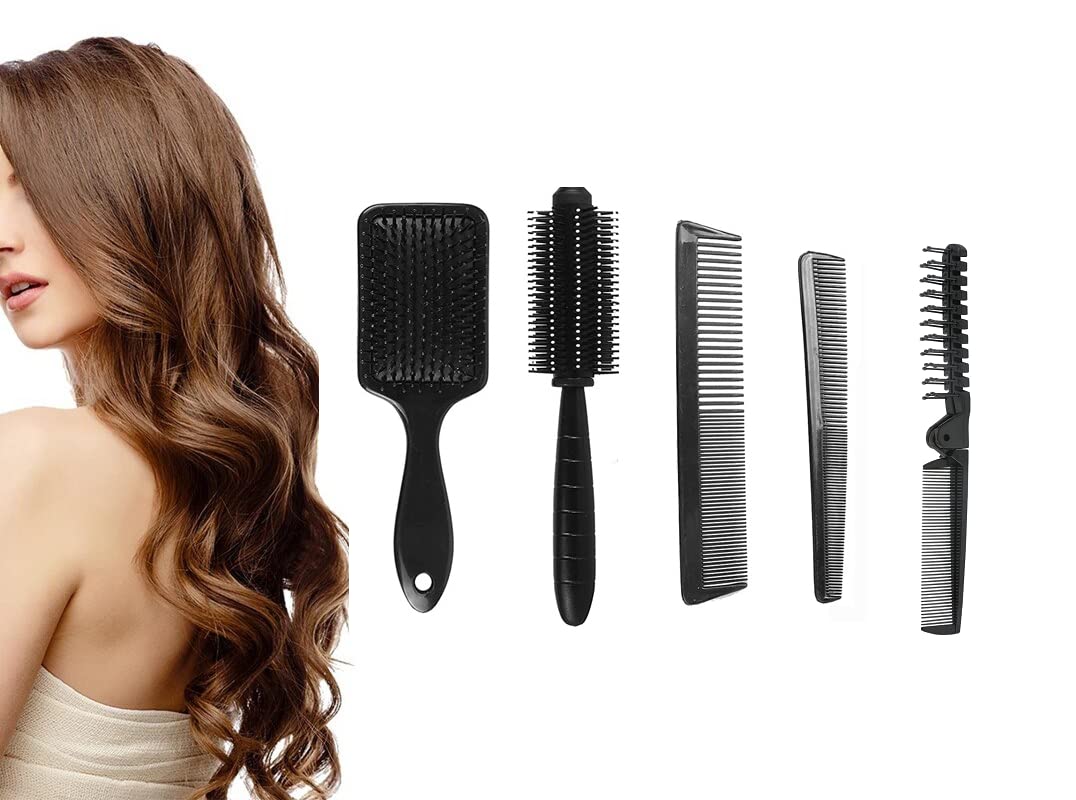 Ghelonadi 5-Piece Hair Brush Comb Set - Paddle Brush & Detangling Brush for Wet/Dry Hair - Travel Folding Hair Comb for Men & Women - Perfect for Long, Thick, Thin, Curly & Natural Hair - Ideal for Home, Travel & Salon Use