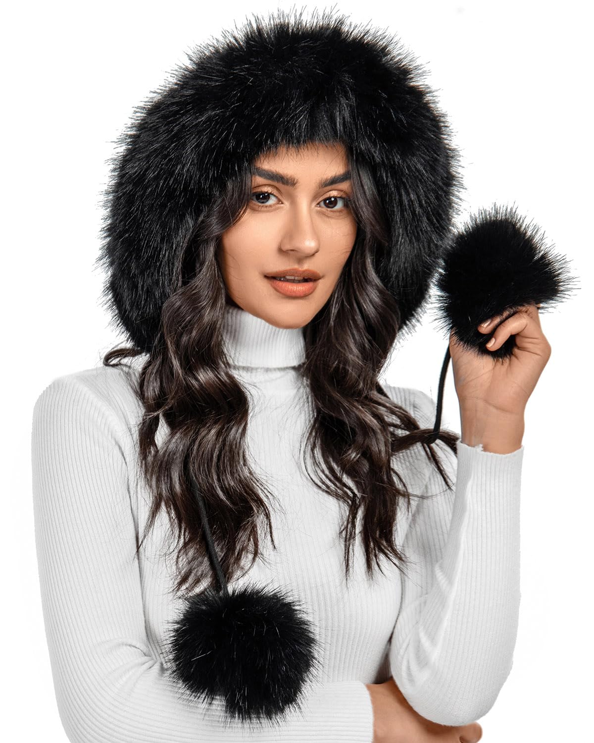 S.ROMZA Women's Faux Fur Knitted Beanie Hat with Pompom - Warm Winter Skull Cap with Ear Flaps - Soft Fleece Lined Snow Hat for Cold Weather - Perfect for Skiing, Snowboarding & Outdoor Activities