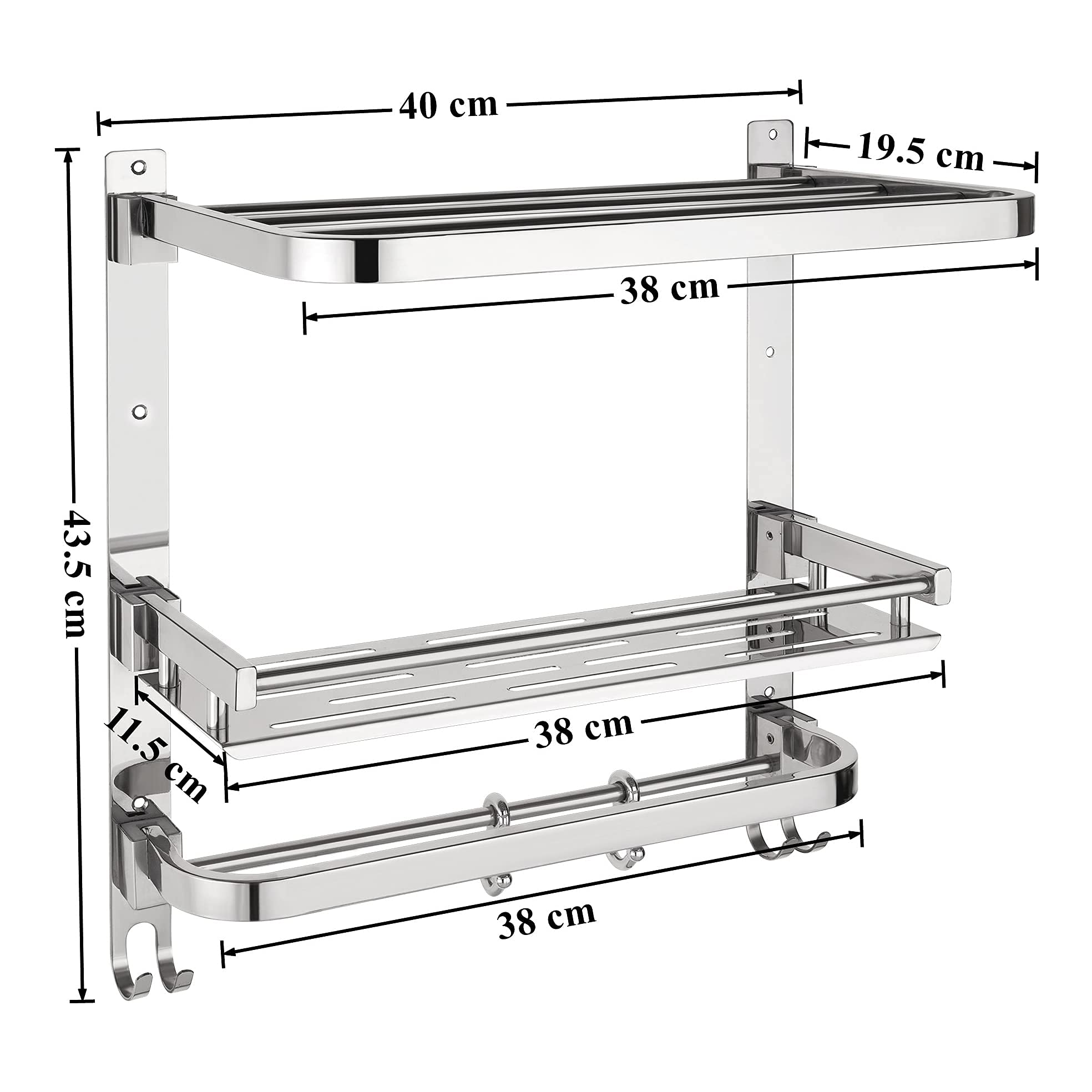 Plantex 3-Tier Chrome Folding Bathroom Wall Shelf - 304 Stainless Steel Bathroom Organizer with Hooks & Towel Rod - Space Saving Storage for Towels, Toiletries & Shower Essentials - Perfect for Small Bathrooms, Apartments & RVs