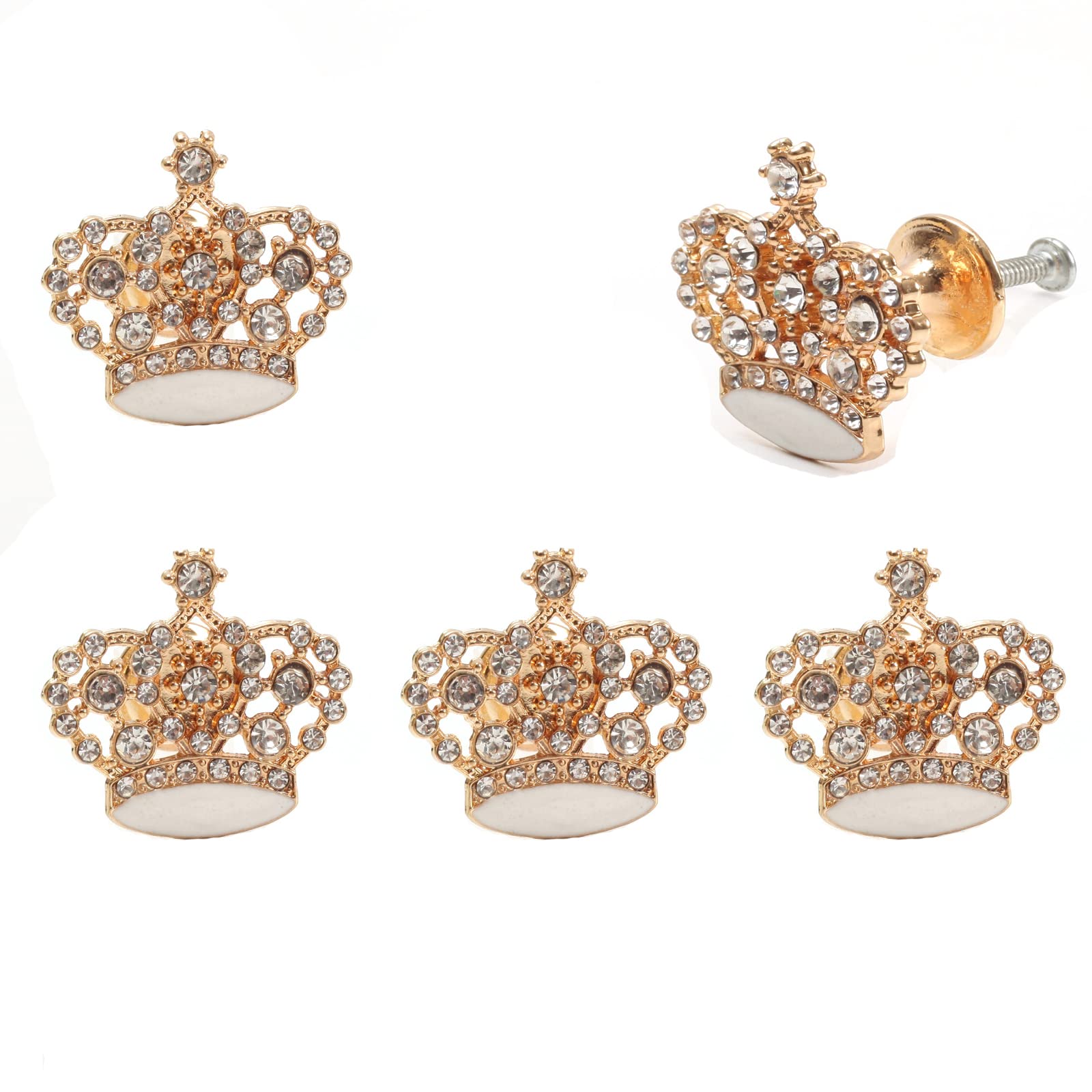 5-Pack Rhinestone Crown Cabinet Knobs - Single Hole Drawer Pulls for Dresser, Cupboard & Furniture Door - Elegant Home & Office Decor Upgrade
